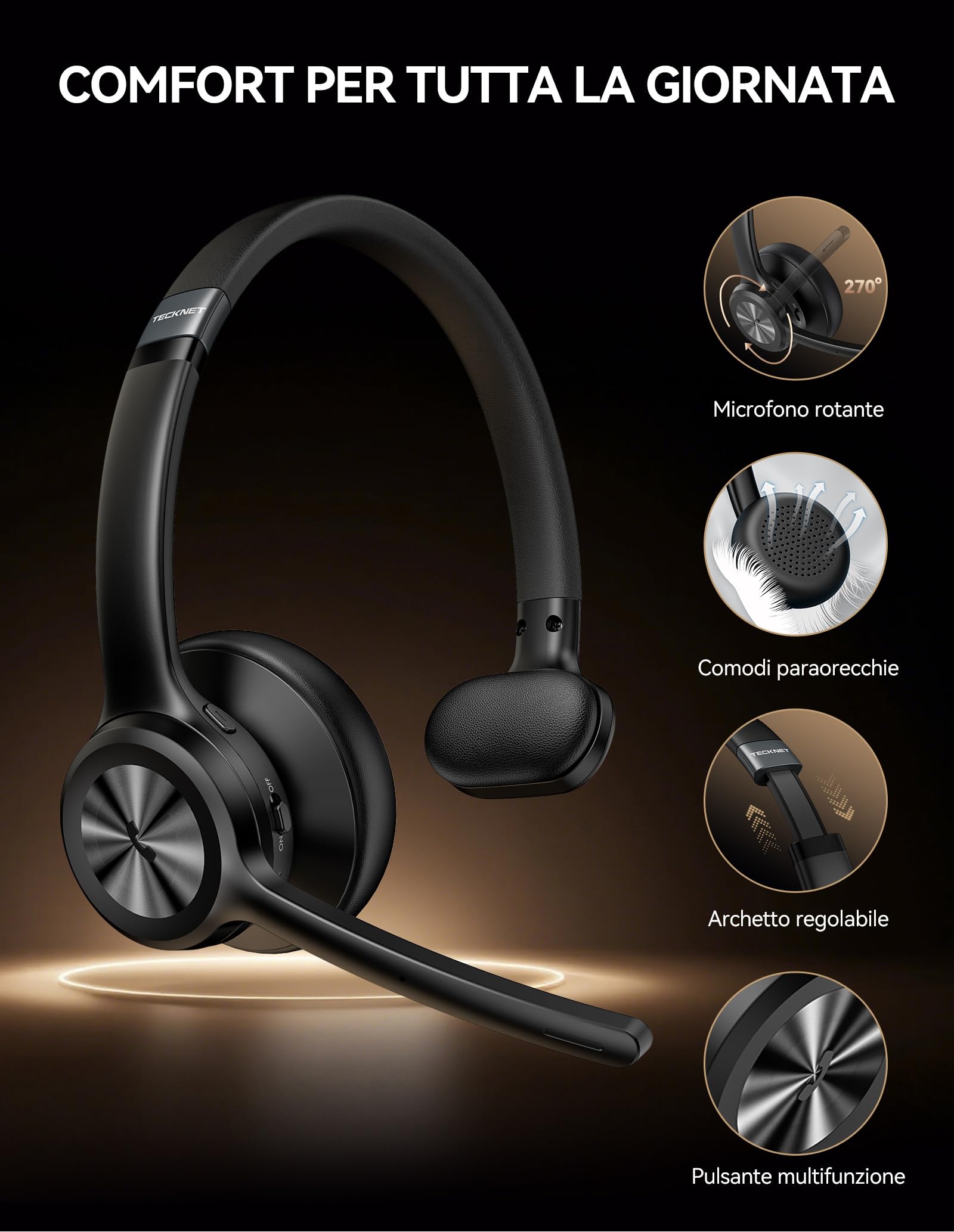 TECKNET Cuffie Bluetooth con Microfono, Auricolare Bluetooth Singolo con Tecnologia Bluetooth 5.2, Cuffie Call Center, Cuffie con Microfono Per PC for Skype/Ufficio/Telelavoro/Call Center/Camionista