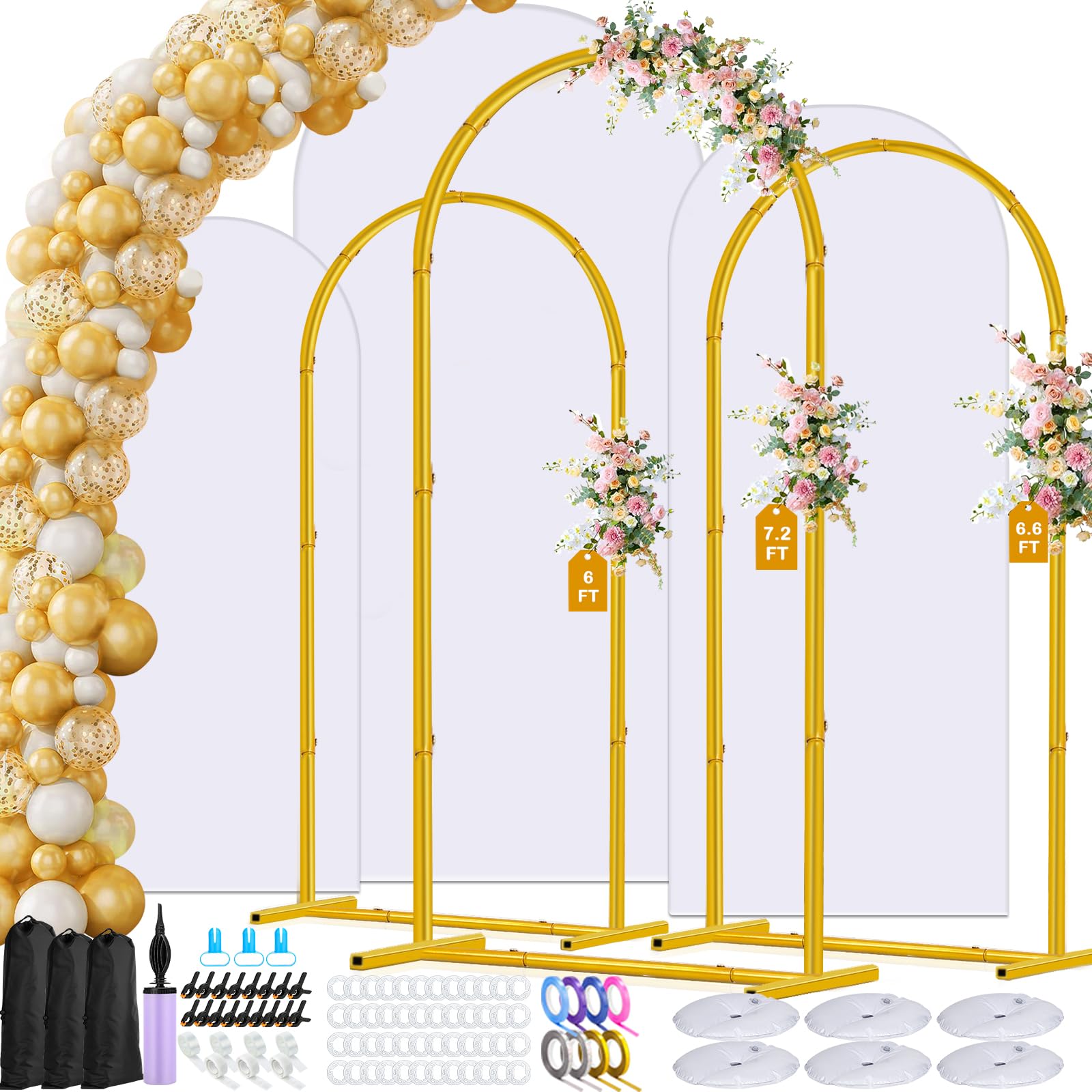 Arch Backdrop Stand and Cover Set of 3, 7.2ft 6.6ft 6ft Metal Arch Backdrop Stand with Spandex White Back Drop Covers Balloon Arch Kits, Gold Arch Stand Frame for Wedding Birthday Party Baby Shower