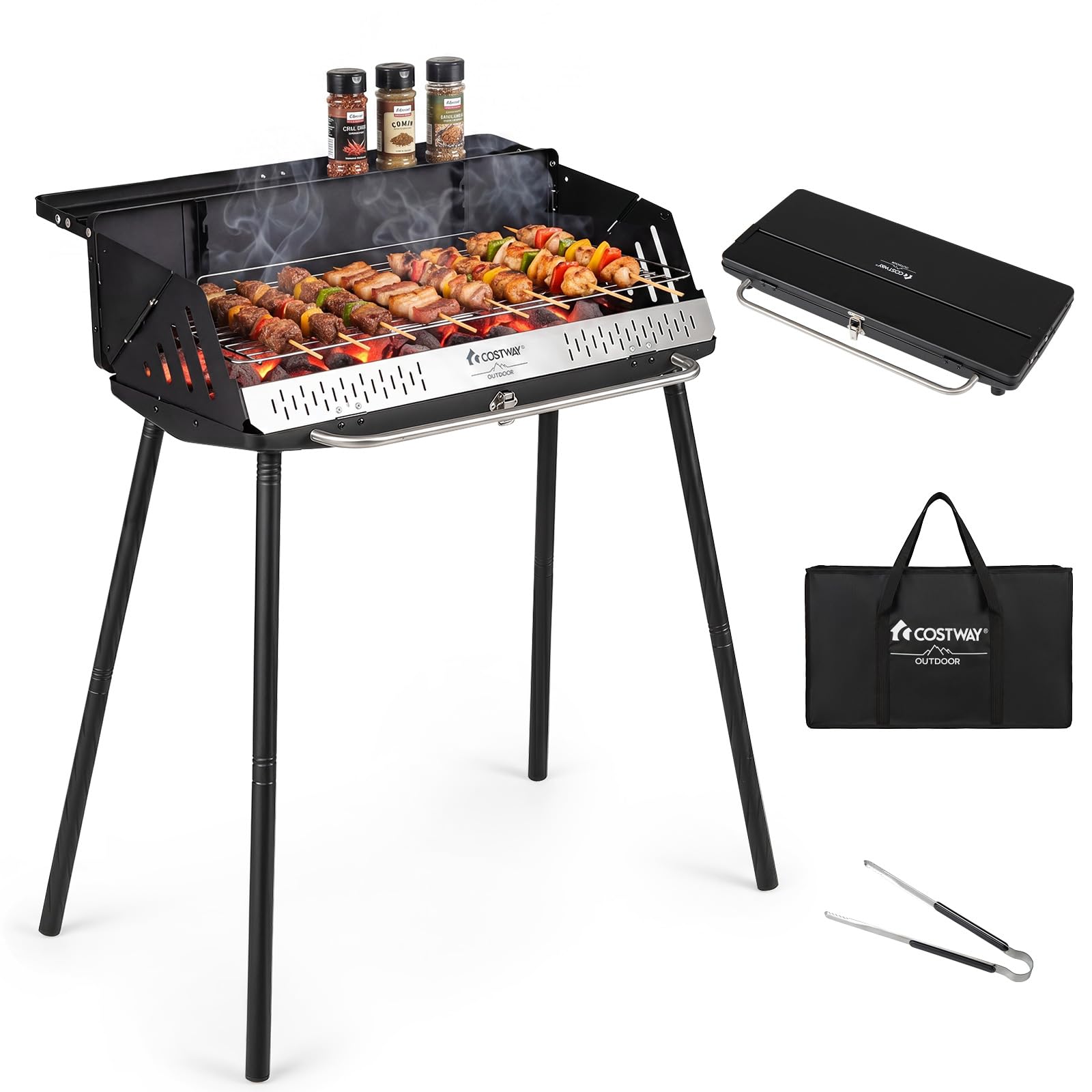 COSTWAY Barbecue Carbonella, Barbecue Pieghevole con Griglia Regolabile in Altezza, Paravento Laterali, Gambe Smontabili, Pinza per Carbone e Borsa Portatile per Campeggio e Picnic