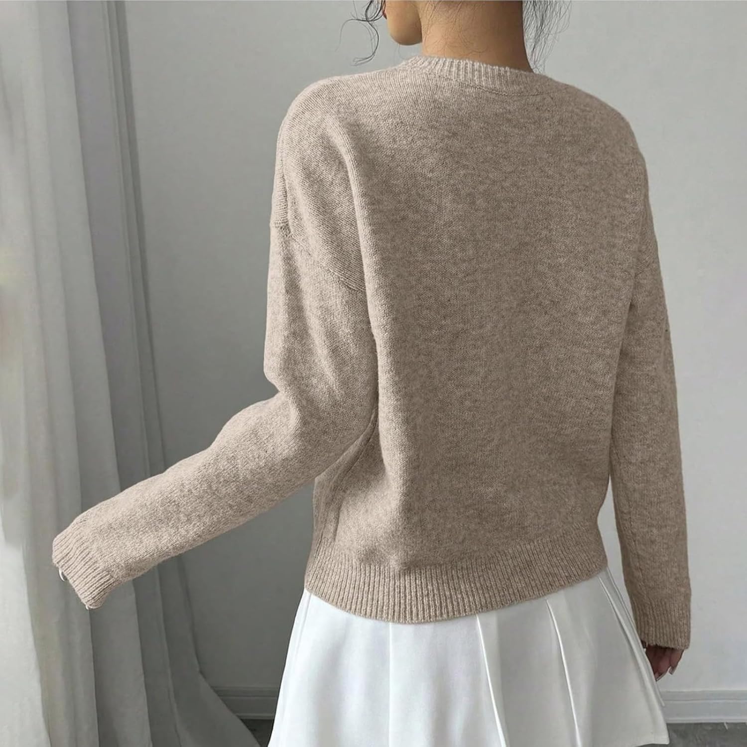Women's 3D Floral Appliques Crewneck Sweaters Long Sleeve Drop Shoulder Pullovers Elegant Knit Tops Cropped Sweater - Image 2