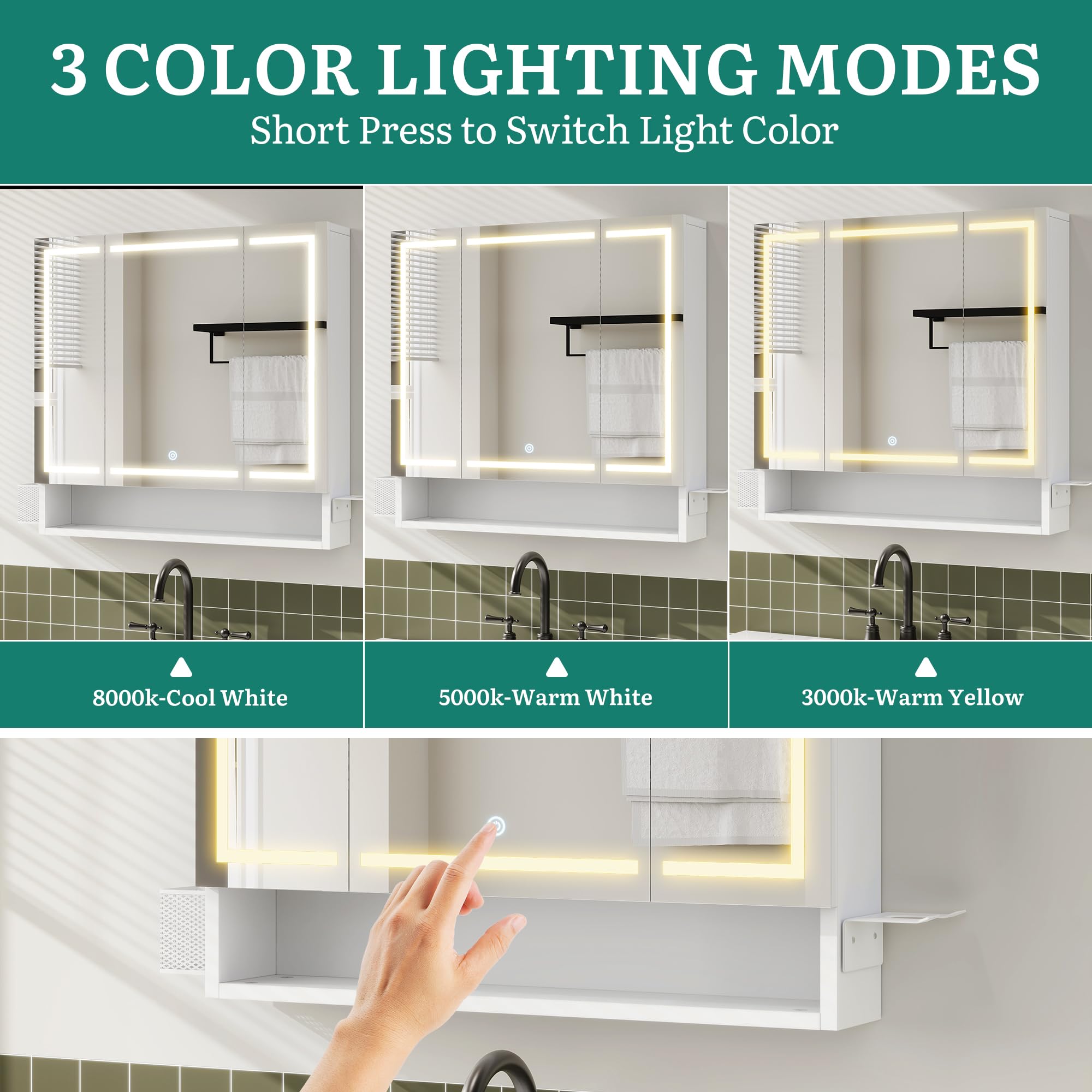 YITAHOME Spiegelschrank Bad LED 3 Türen Steckdose Wandschrank 80cm | LED-Licht für Make-up & Pflege, 2 Steckdosen + 2 USB für Föhn & Zahnbürste, 3 Spiegeltüren mit Stauraum, Beleuchtung