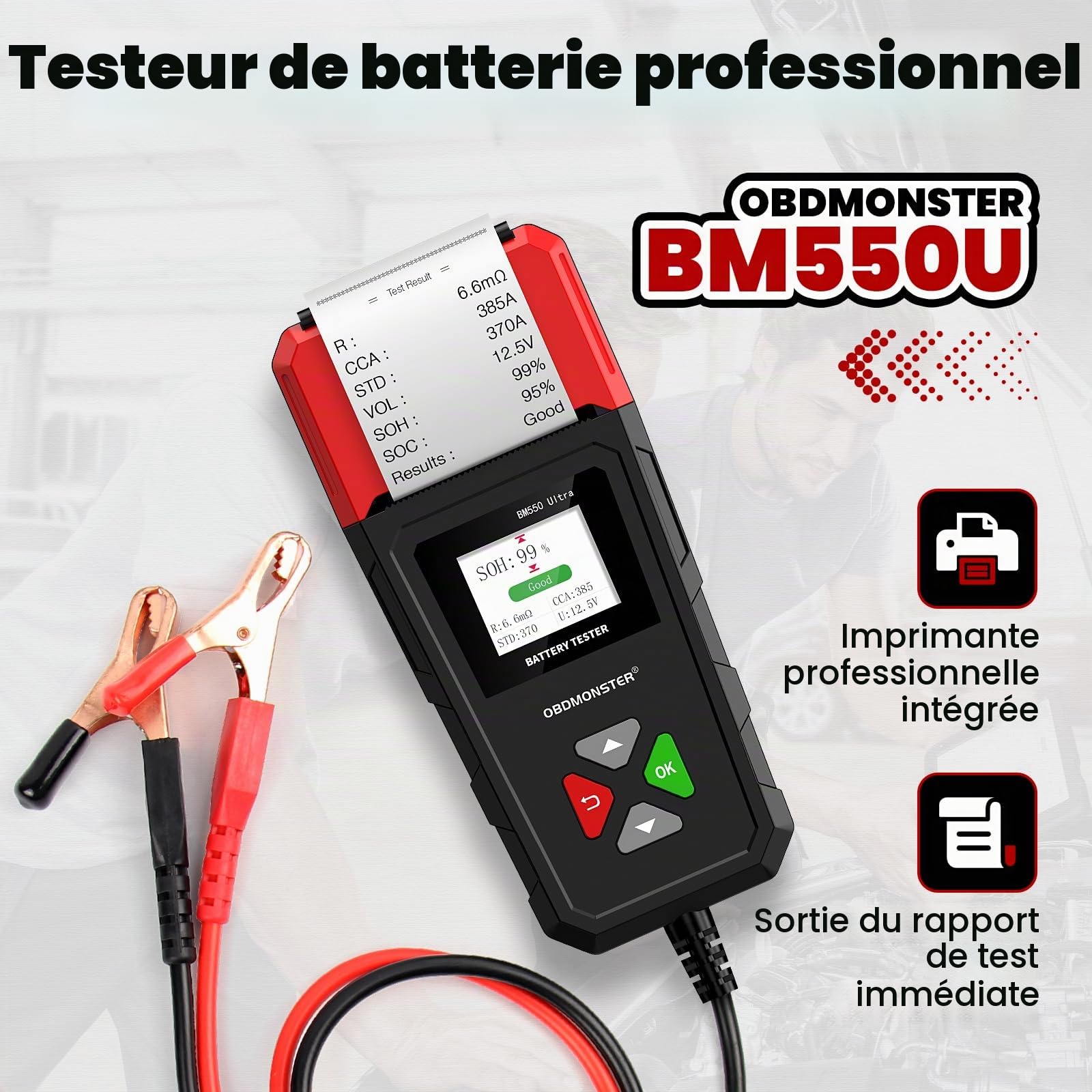 BM550U Testeur Batterie Voiture avec Imprimante Intégrée,Testeur De Batterie Voiture 6v 12v 24v,100-2000 CCA 2-200AH Testeur D’Alternateur Automobile,Pour Voiture Camion Suv Moto Bateau