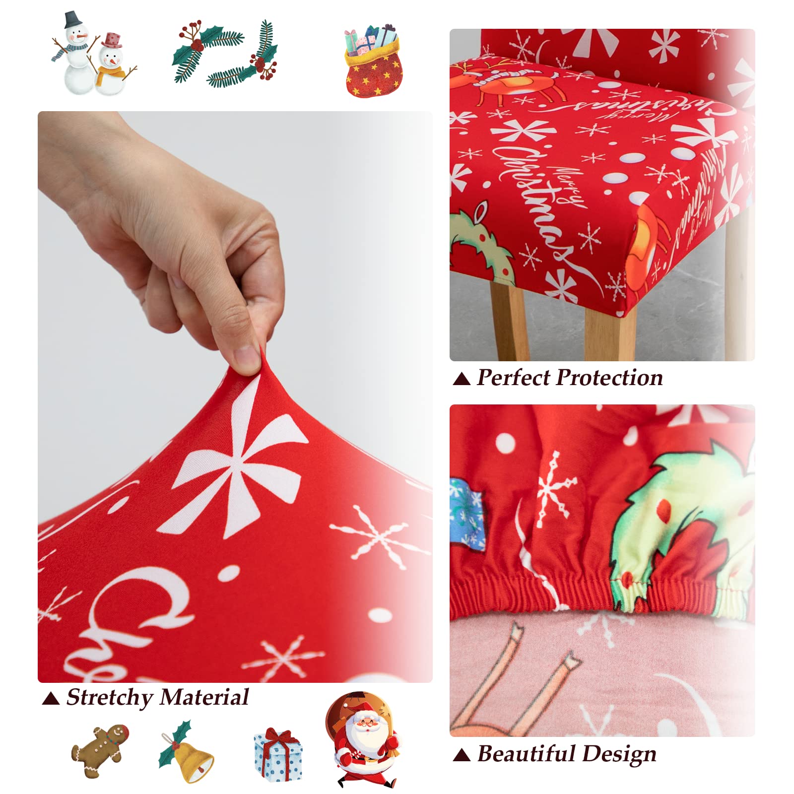 Lydevo Coprisedie Natalizie 4 Pezzi Coprisedia con Schienale Elasticizzato Spandex Fodere Coprisedia per Sala da Pranzo Rimovibile Vestisedia con Schienale per Natale Festa,Pupazzo di Neve