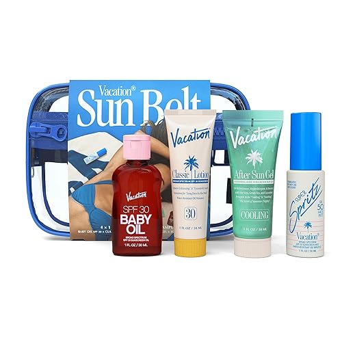 Vacation Muestra de cinturón solar, incluye aceite para bebés SPF 30, Super Spritz SPF 50 Face Mist, loción clásica SPF 30, gel para después del