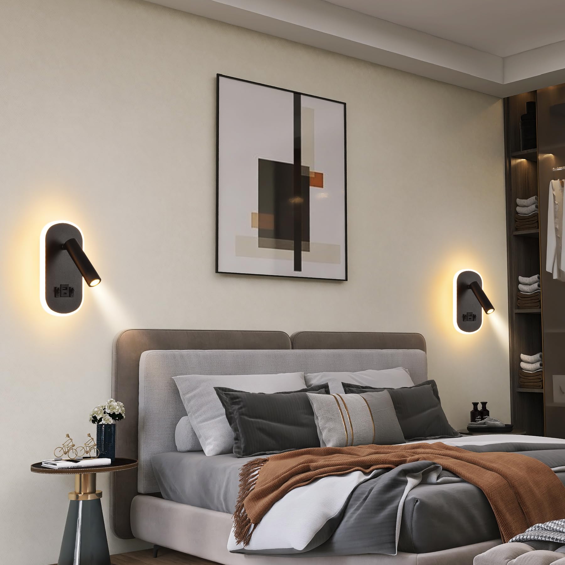 LED Liseuse de chevet,Applique Murale avec interrupteur,USB + TYPE C port de charge Luminaire Murale,3W 3000K + 9W 6000K éclairage d'ambiance de chambre à coucher,Spot réglable Lampe de Lecture Noir