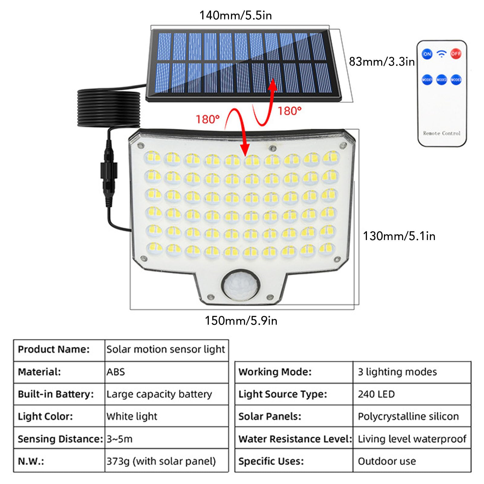 Fockety Lampes Solaires D'extérieur, 3 000 Lm, 240 LED, Détecteur de Mouvement, Télécommande, Applique Murale étanche IP65 pour Jardin, Clôture, Porte D'entrée, Terrasse, Jardin, Garage