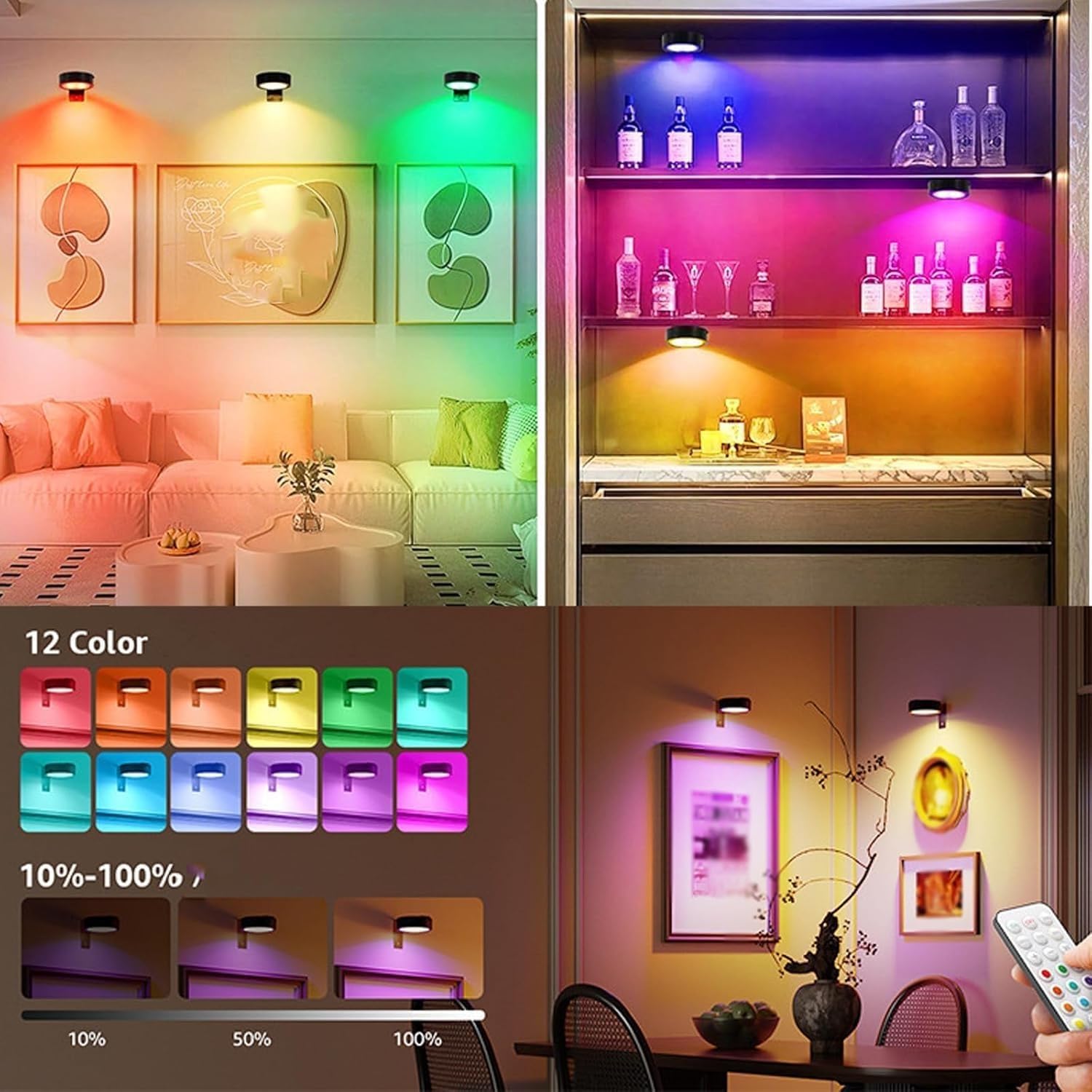 Bezprzewodowe lampki do zdjęć na ścianę, bez wiercenia, na baterie, magnetyczne światło LED z 13 kolorami RGB, regulowana jasność, zdalne sterowanie timerem, czarne, zestaw 3 szt