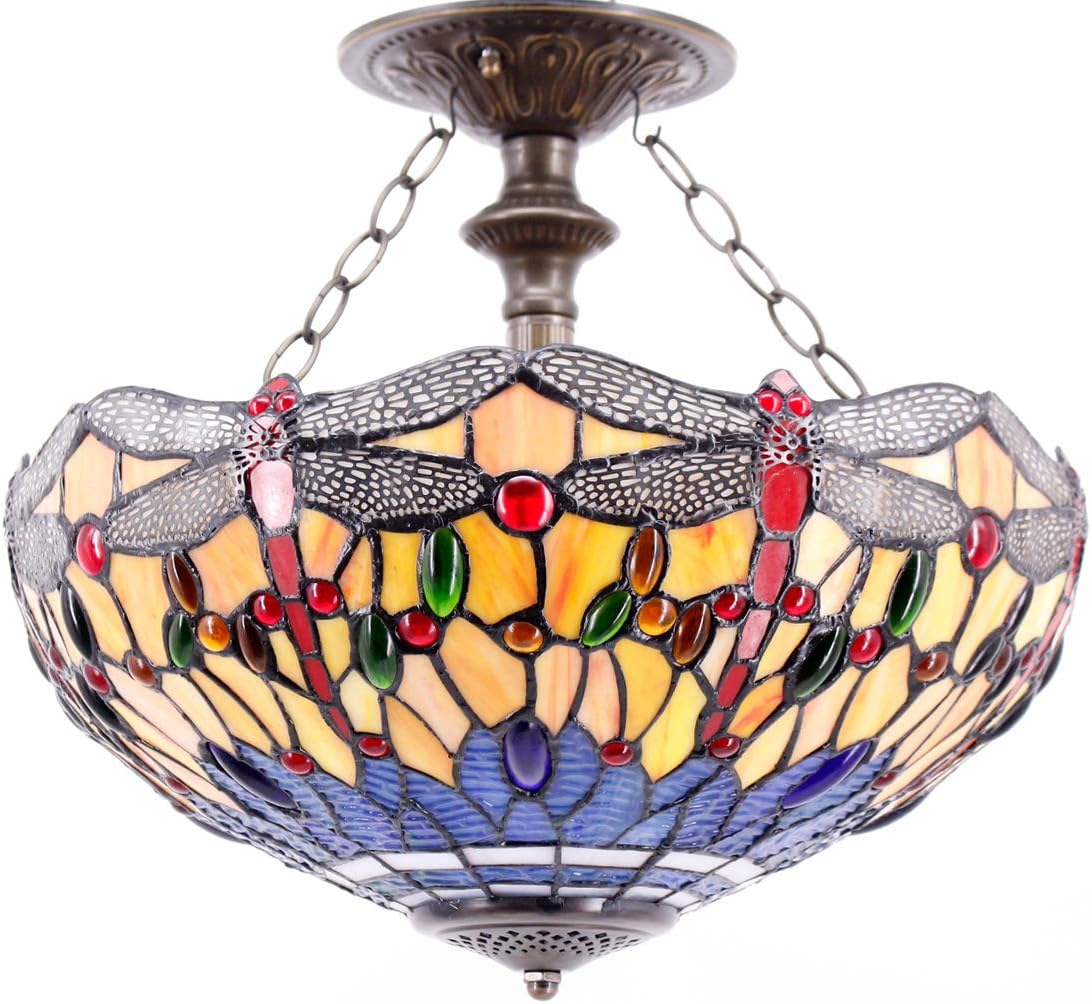 WERFACTORY Tiffany Ceiling Light Fixture Orange Blue Stained Glass Dragonfly Semi Flush Mount Lamp Wide 16 Inch Height 15 Inch Tiffany Ceiling Lamp S168 Series