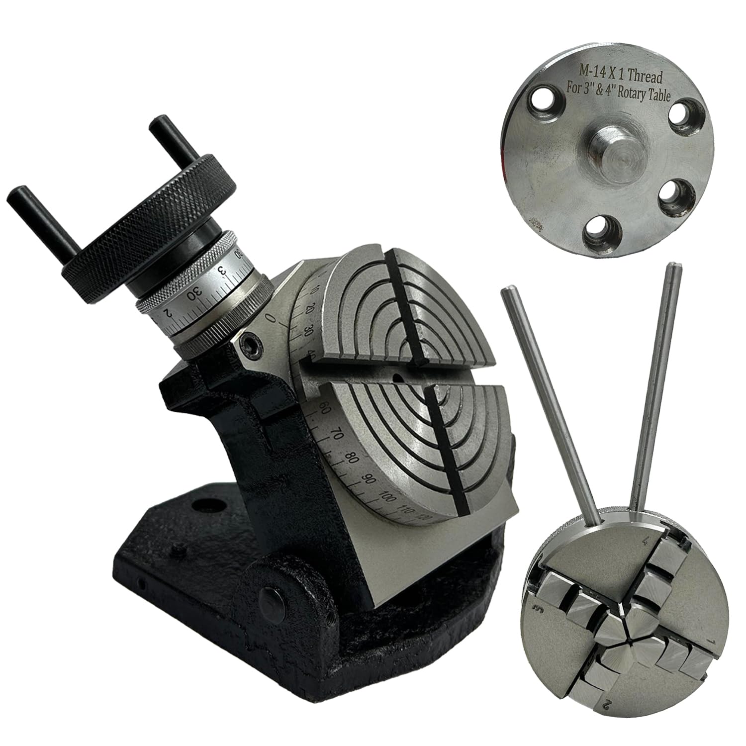 MachEl Precyzyjny stół obrotowy 4"/100 mm z 4-szczękowym samocentrującym uchwytem 65 mm, płytą tylną i zestawem do mocowania nakrętki T - idealny do obróbki metali i narzędzi inżynieryjnych