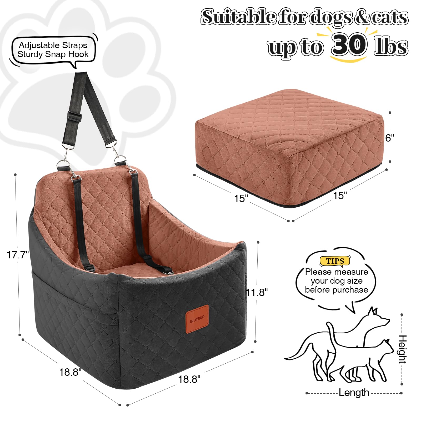 Dog Car Seat for Small/Medium Dogs, Memory Foam Dog Booster Seat, Travel Safety Pet Car Seat with Washable Removable Cover, Storage Pockets for Dogs up to 35 lbs((Black/Brown, Medium) - image 3