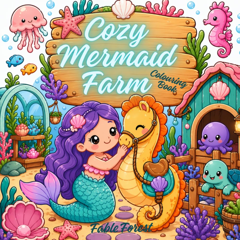 Cozy Mermaid Farm Colouring Book: Cute & Relaxing Underwater Farm Scenes (Cozy Colouring)