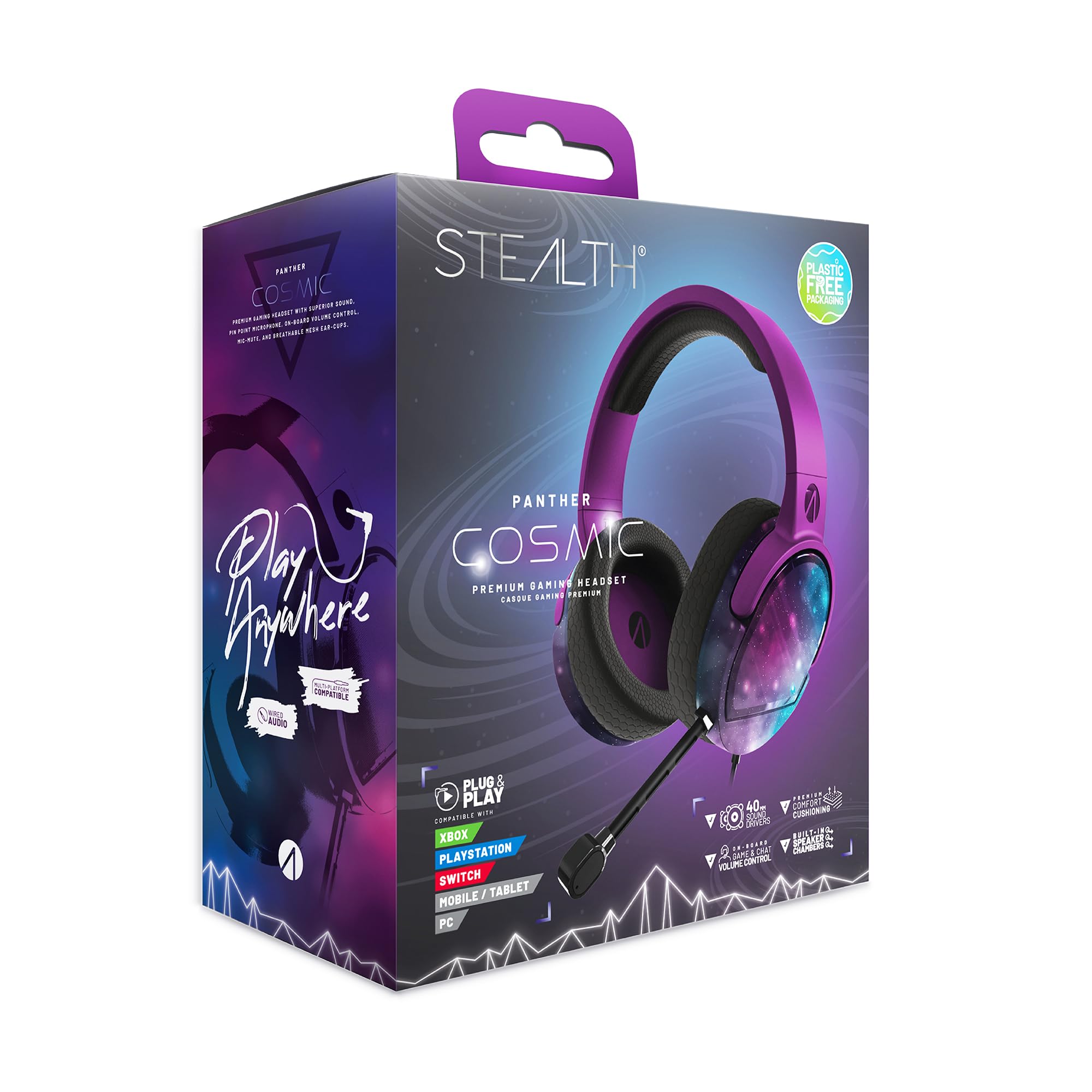 STEALTH PANTHER Cosmic - Casque de Gaming Supra-Auriculaire Compatible avec PS4/PS5, XBOX, Switch, PC avec Micro Flexible, Prise 3,5mm, Câble 1,5m, Léger, Confortable et Durable