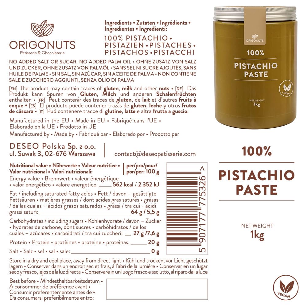 ORIGONUTS - Pasta de pistacho - 100% pistachos sin sal, sin azúcar y sin colorantes - para pasteles, galletas, tartas, cremas, postres, helados, chocolate dubai, repostería - 1kg