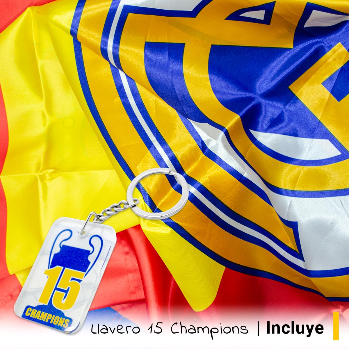 Bandera oficial del Real Madrid Club de Fútbol + Llavero 15 Champios | 150 x 100 cm - Fondo Bandera España escudo en el centro | Producto Oficial