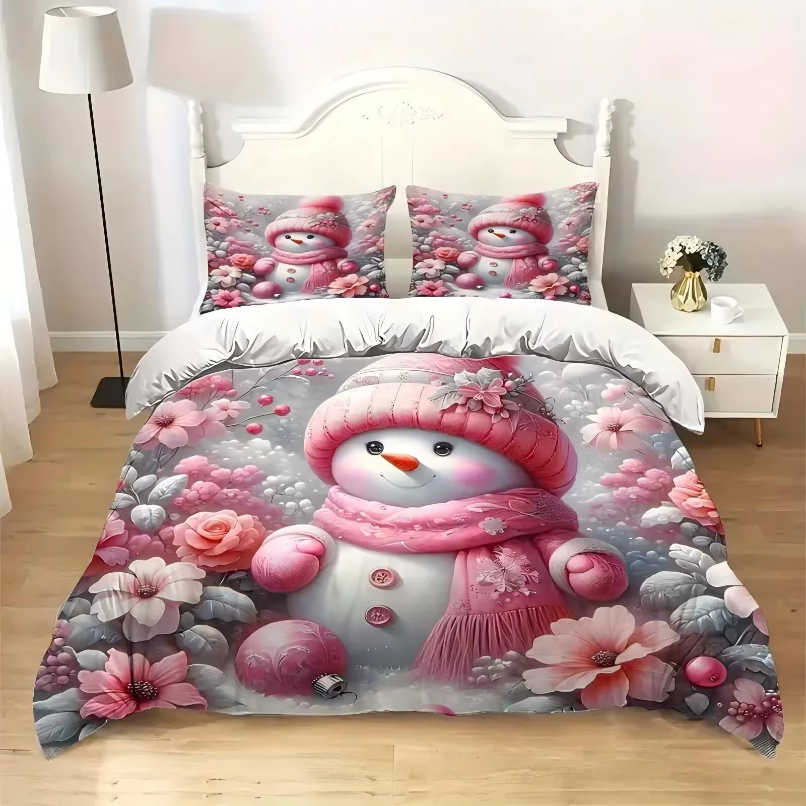 Parure de lit 240x220 rose bonhomme de neige avec housse de couette fille microfibre
