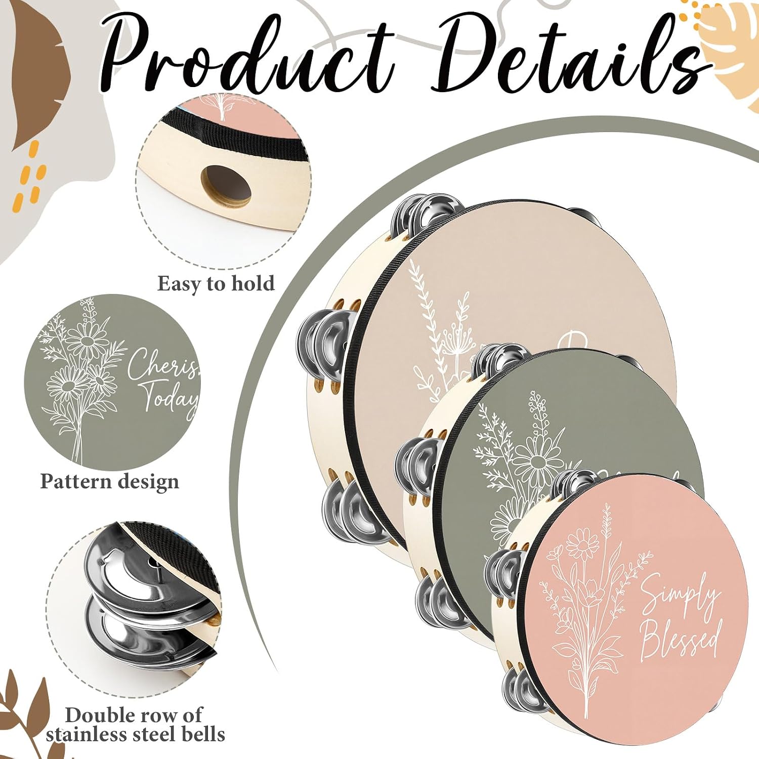 3 Pcs Cherish Blessed Thankful Tambourines for Adults Church Christian Dance Tambourine Double Row Jingle Bible Hand Bell Clap Drum for Church Pray Party Percussion Musical Instrument image 3