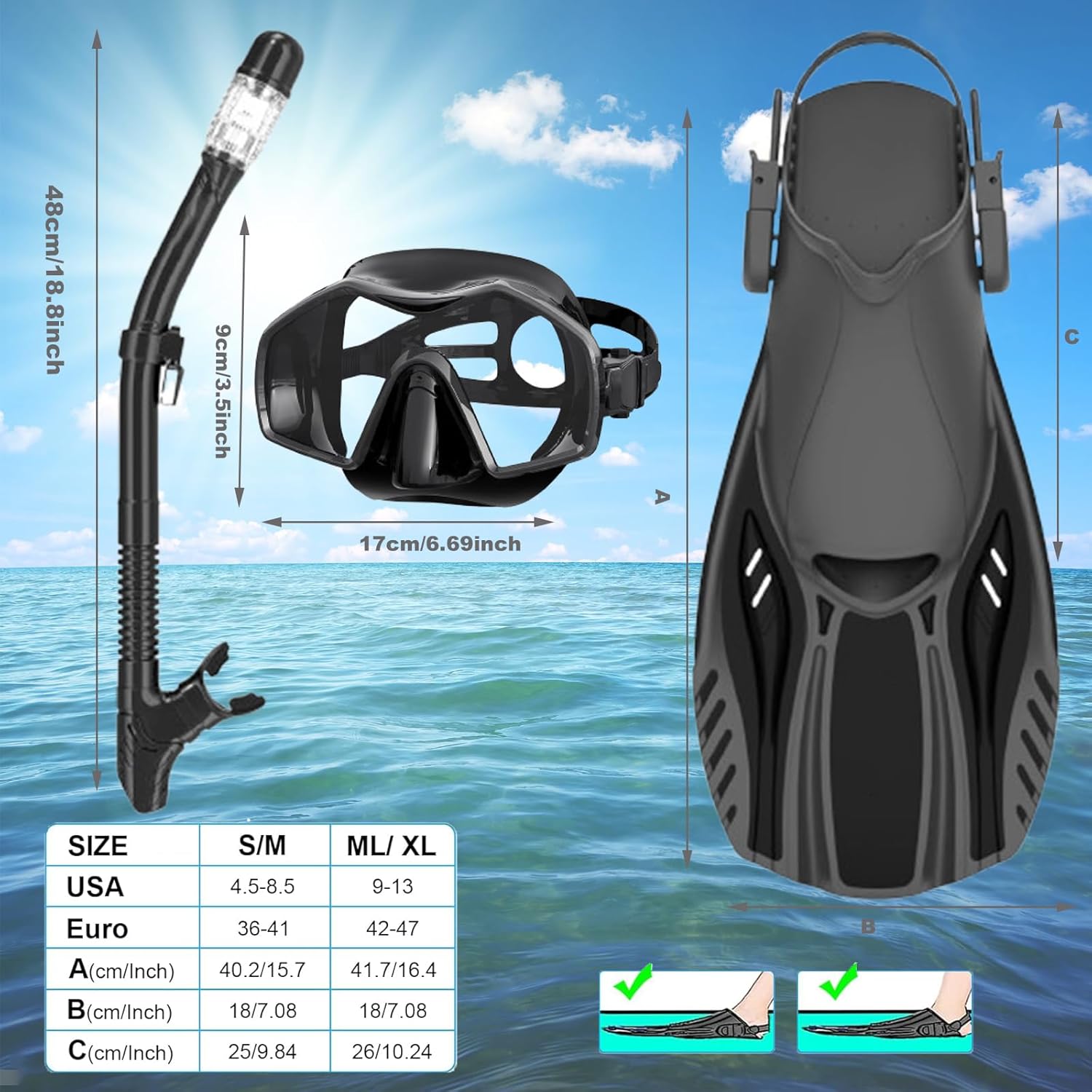 Snorkeling Gear for Adults,Mask Fins Snorkel Set,Panoramic View Diving Mask Anti-Fog,Dry Snorkel,Adjustable Swim Flippers and Travel Bag,Adults Snorkel Gear for Swimming Snorkeling Diving