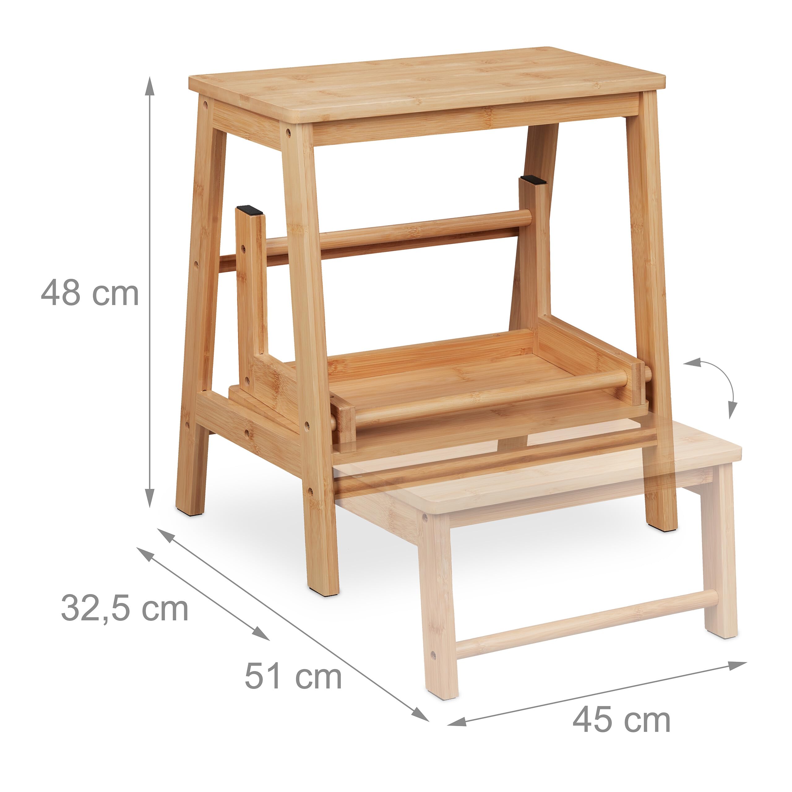 Relaxdays Tritthocker, klappbar, 2 Stufen, bis 100 kg, Kinder, Haushalt, HBT 48 x 45 x 51 cm, Bambus Klapphocker, Natur