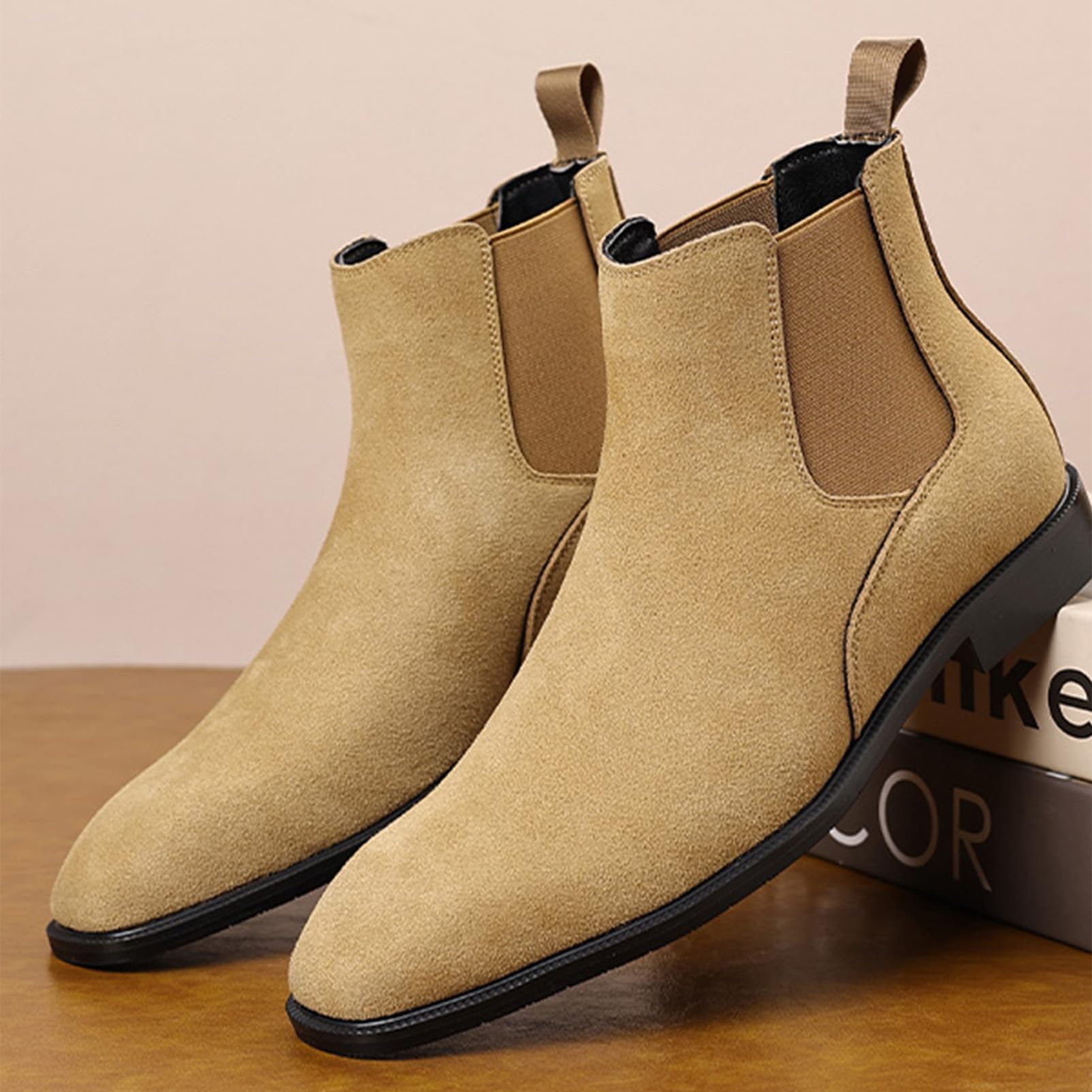 ANUFER Herren Rindsledern Wildlederleder Chelsea-Stiefel Quadratische Zehe Slip On Kleid Knöchelstiefel