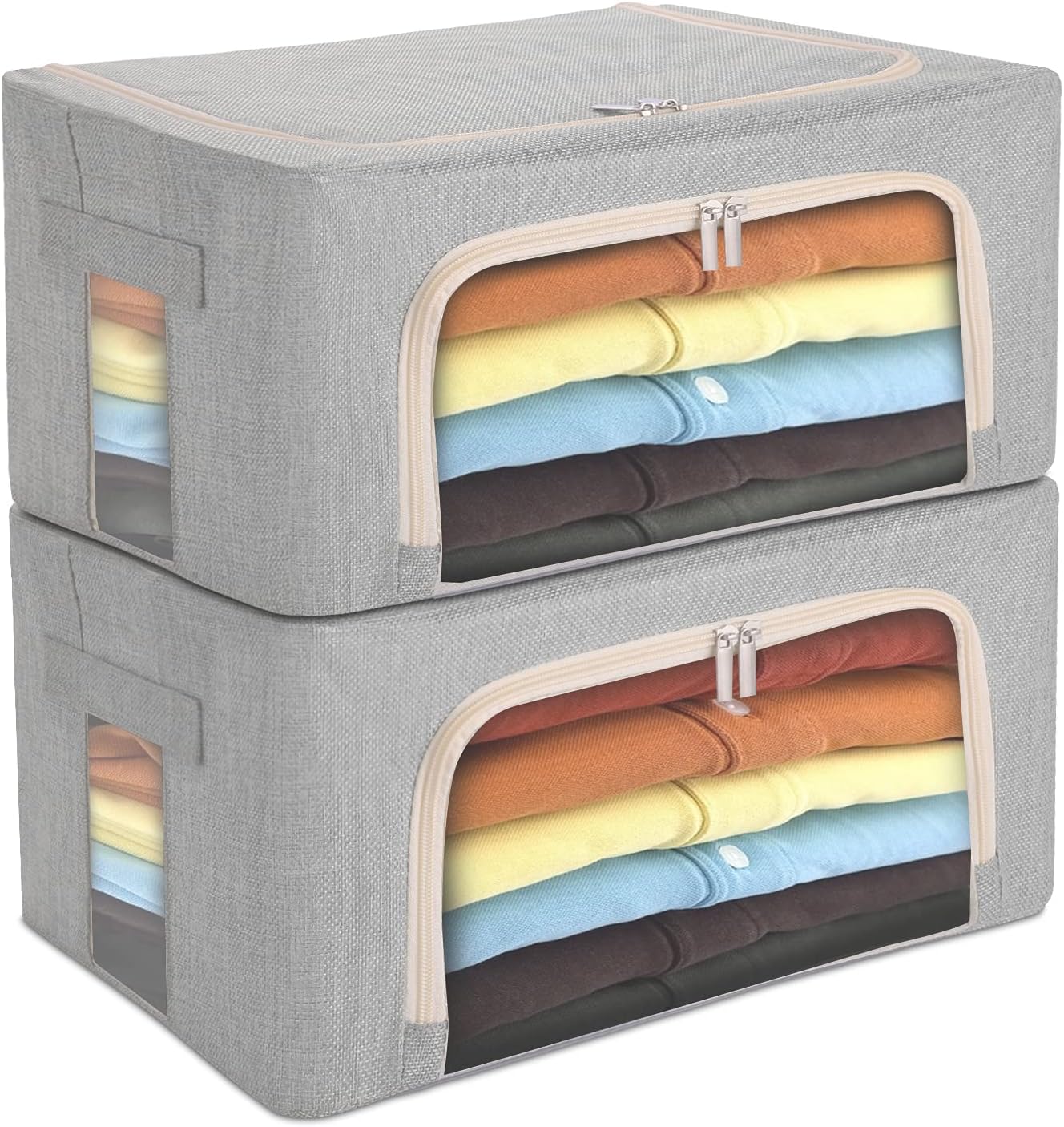 Awekris 2 Pack Stackable Storage Bins Box, Foldable Clothes Organizer with Clear Window & Carry Handles, Great for Clothes, Blankets, Closets, Bedrooms and More Medium (Light Grey)
