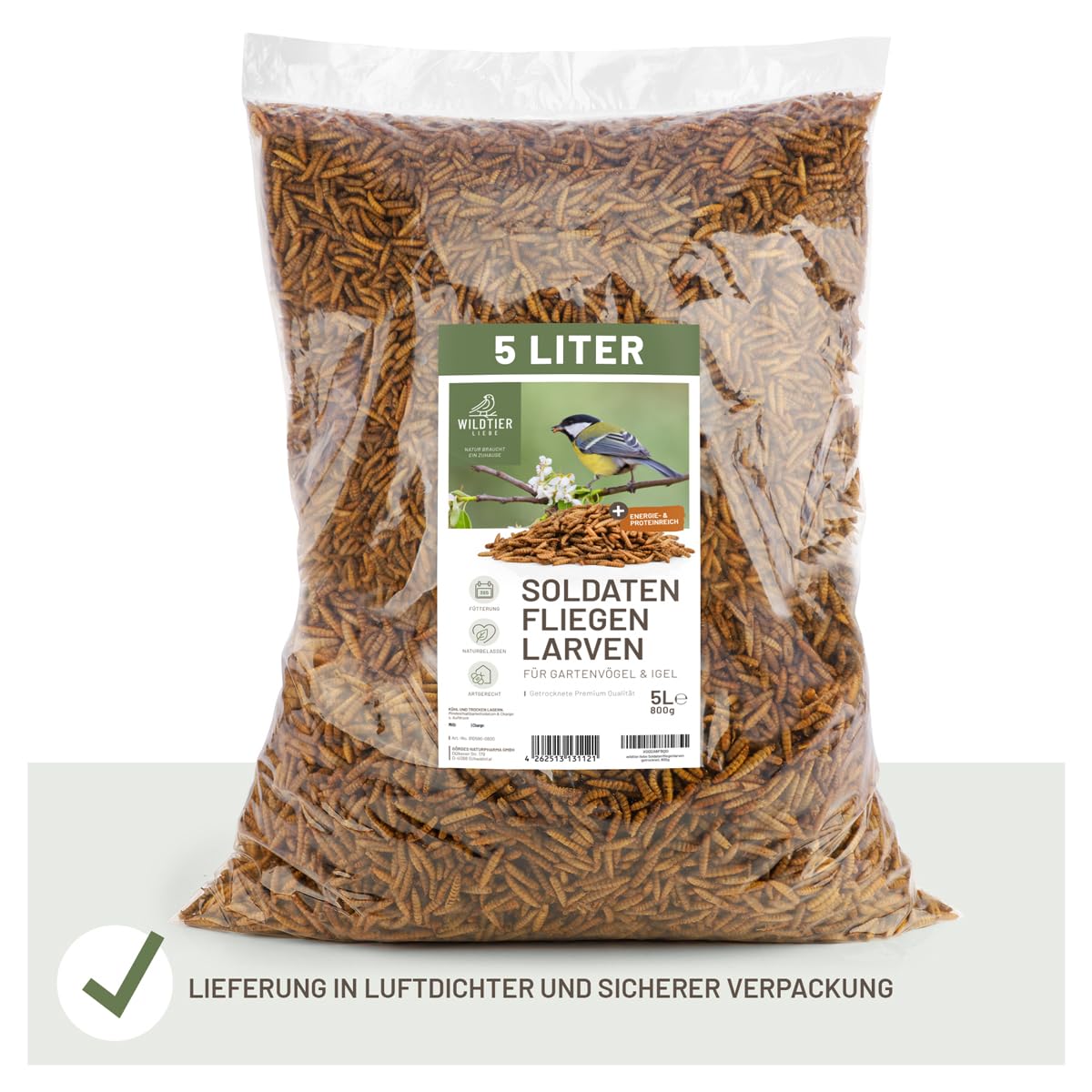 wildtier liebe Larves de mouches soldats séchées 5 l I Larves de mouches soldats séchées pour oiseaux et hérissons I Nourriture riche en protéines pour oiseaux sauvages pour l'alimentation toute