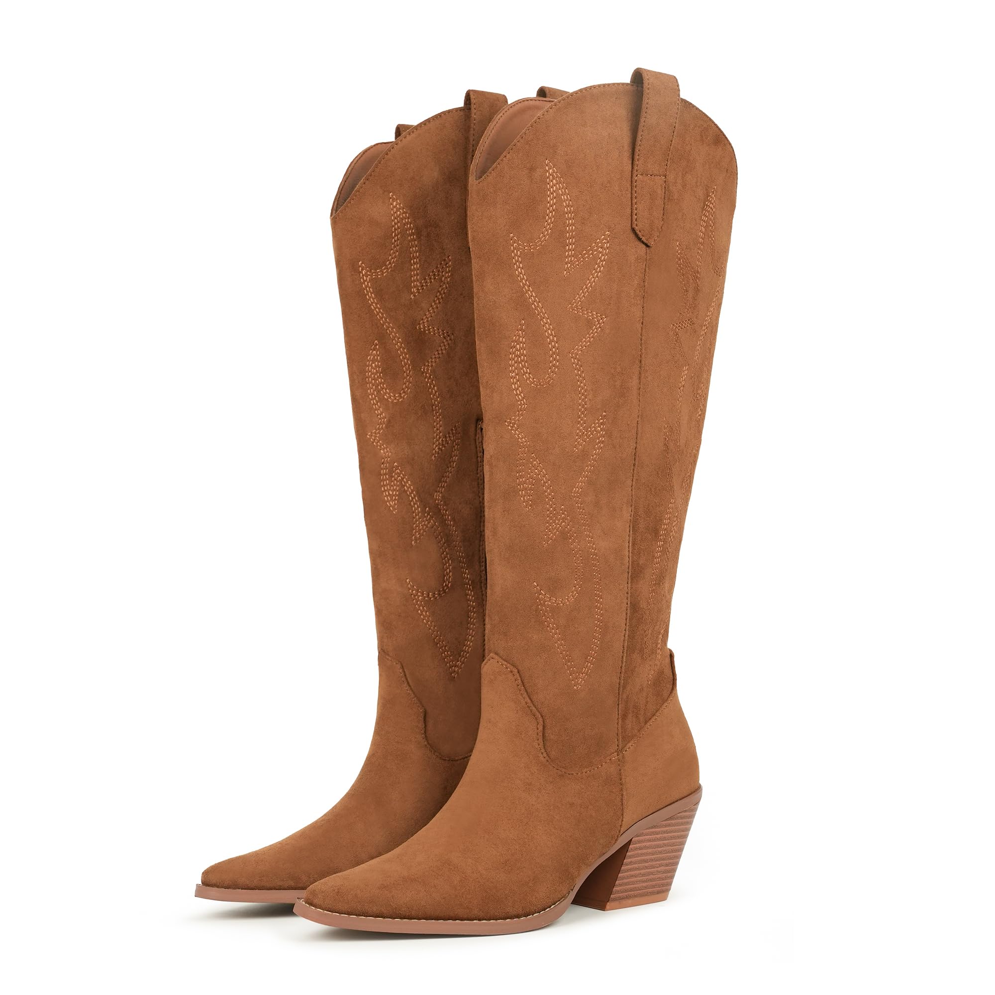 Cowgirl Boots Women Knee High Boots Pointed Toe and Block Heel Cowboy Suede and Faux Leather Western Boots