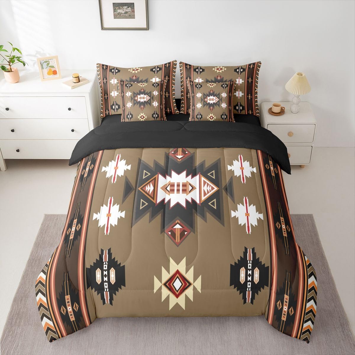 Erosebridal Western Bed in a Bag Queen Comforter Set 7-Piece | Bohemian Decor Geometric Bedding Sets Boho Aztec Comforter and Sheet Set, Ethnic Tribe Arrow Room Decor,Brown