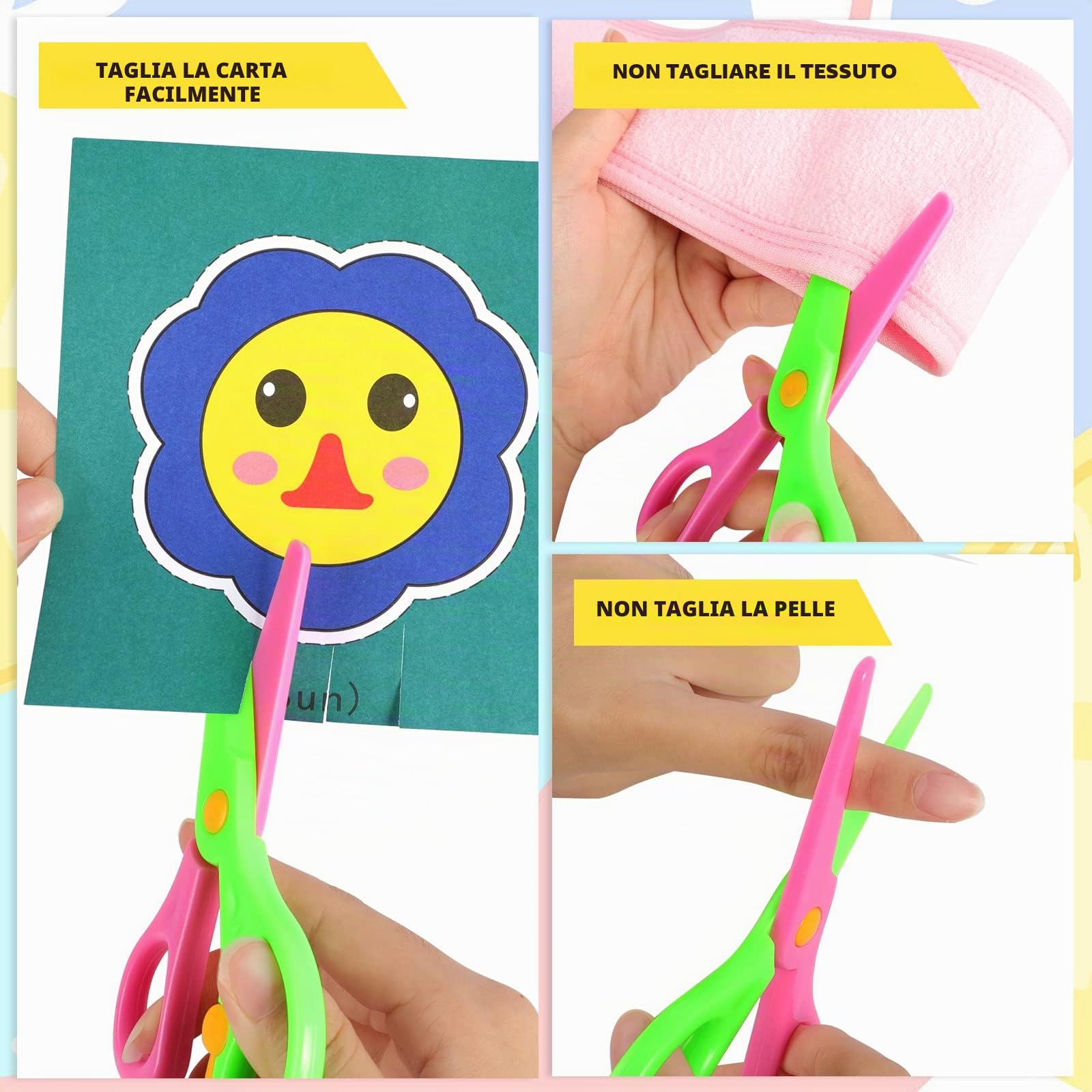 Kit Taglio CARTA, 2 Forbici di Sicurezza per Bambini in Plastica, Vieni con 96 Fogli di Carta con Animali e Frutti - Per_PIENA CADUTA!