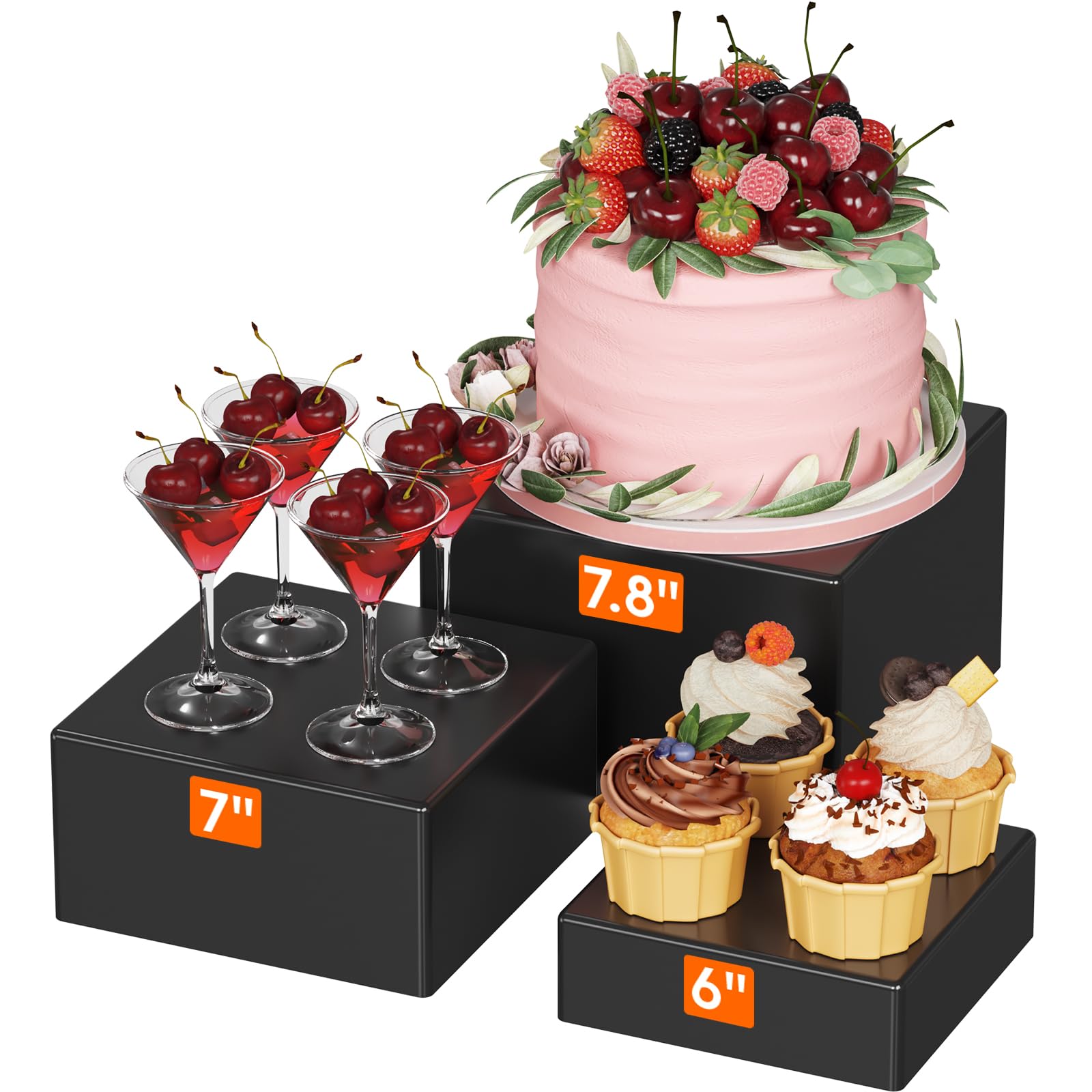 Lifewit 6", 7", 7.8''Buffet Risers and Stands, Food Risers for Buffet Table, Catering Dessert Cake Collectibles Jewelry Display Stand for Party, Black Cube Boxes Nesting Risers, 1 Set