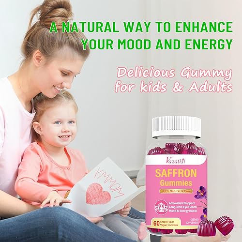 Miniatura 5 de Gomitas de azafrán natural, suplemento de azafrán sin azúcar con extracto de azafrán de 100 mg, magnesio, GABA, rodiola, estado de ánimo, enfoque,