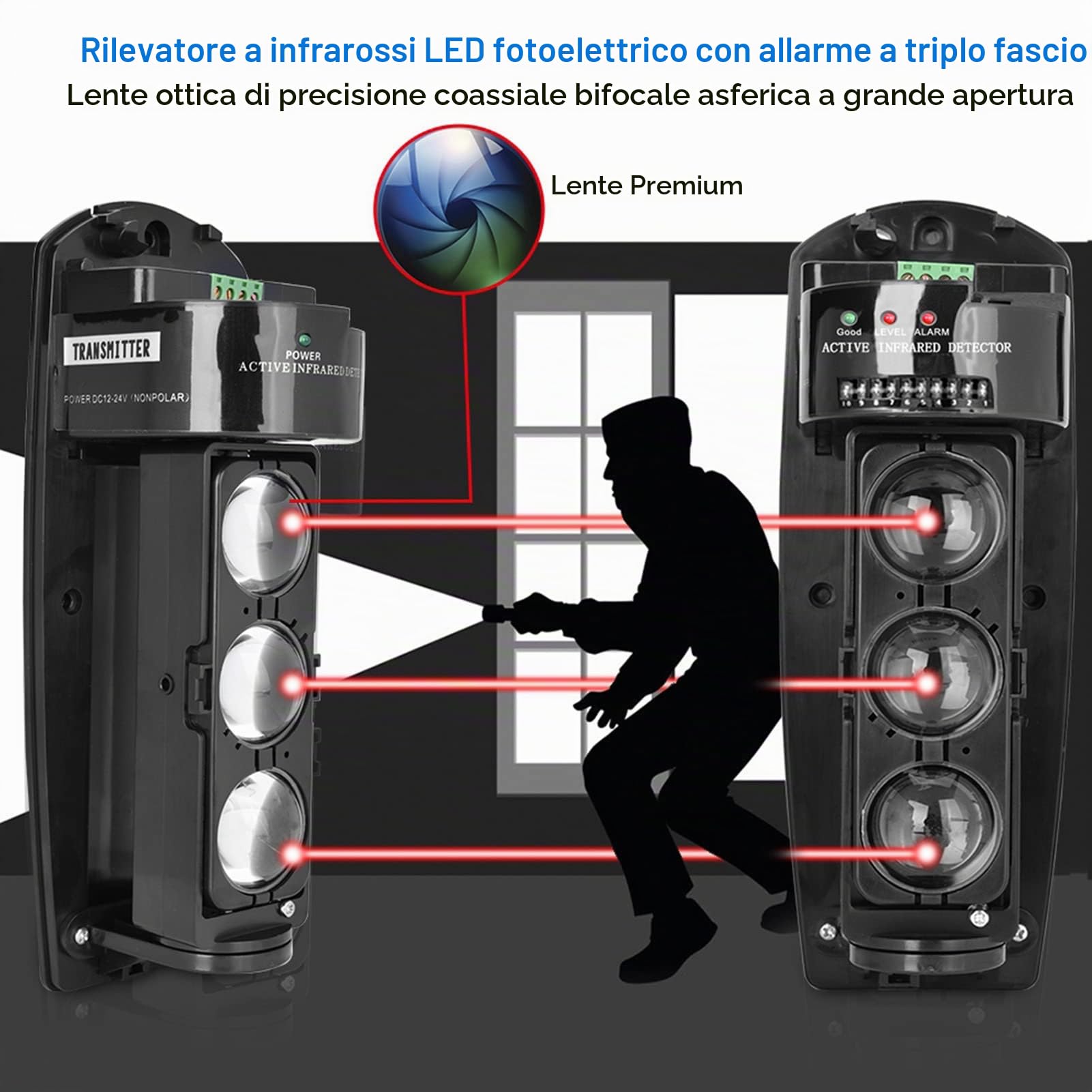 Demeras Rilevatori a Triplo Raggio Allarme a Triplo Raggio Rilevatore LED fotoelettrico a infrarossi di Sicurezza Trasmissione Wireless per di Allarme di Sicurezza