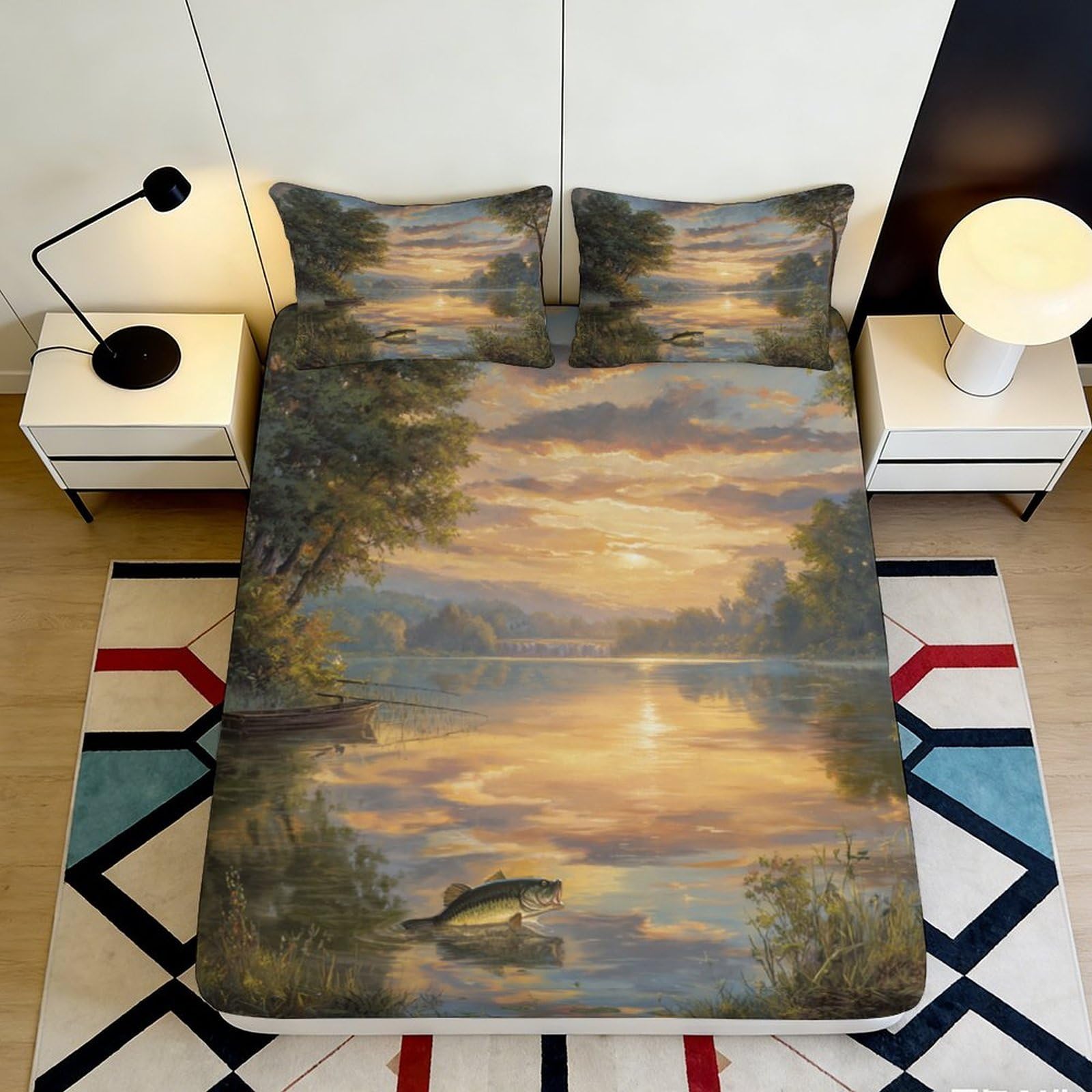 3D Printed Sunset Lake Fitted Sheet Microfiber Soft Breathable River Landscape Bed Cover for Bedroom Dormitory Guest Room Mattress Protection Decor 120x200x25cm