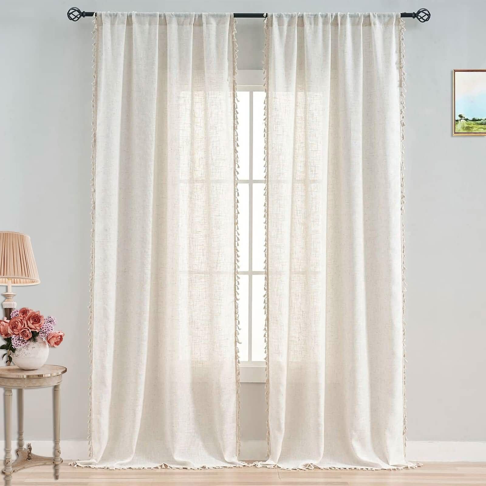 Rideaux voilage salon haut de gamme effet gaze de lin à franges beige