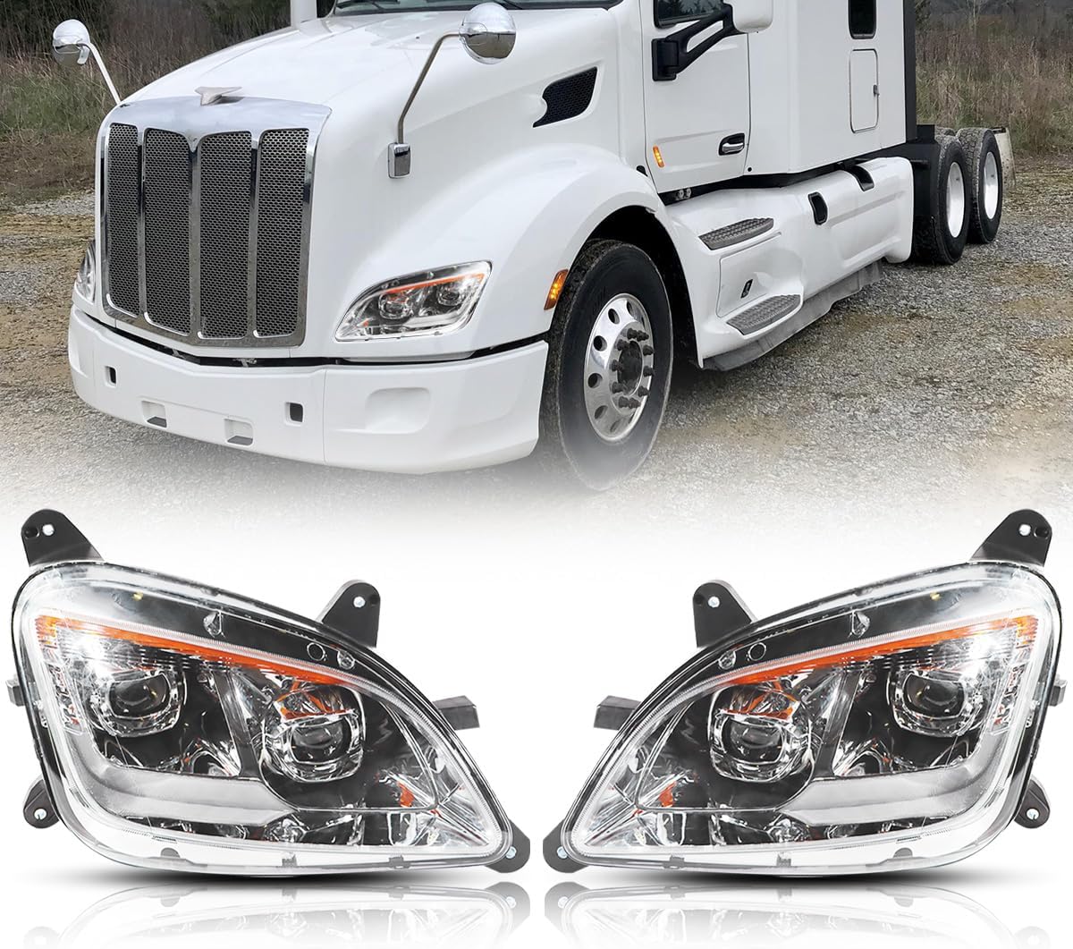 Fit for 2011-2023 Peterbilt 579 587 Class 8 Truck LED Headlight Headlamp Chrome Housing Assembly Replacement Pair/Set