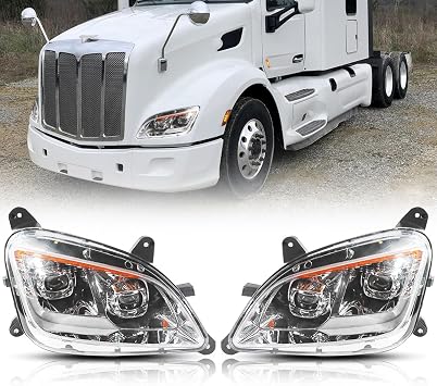 Fit for 2011-2023 Peterbilt 579 587 Class 8 Truck LED Headlight Headlamp Chrome Housing Assembly Replacement Pair/Set