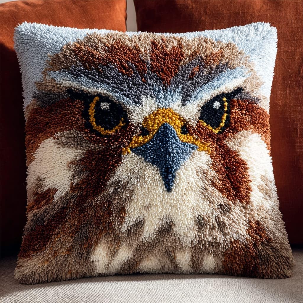 Taxpy DIY Latch Hook Pillow Cover Kits, Animal Eagle Stamped Handamade Pillowcase Crochet Yarn Hook and Latch Emboridery Throw Pillow 43x43cm
