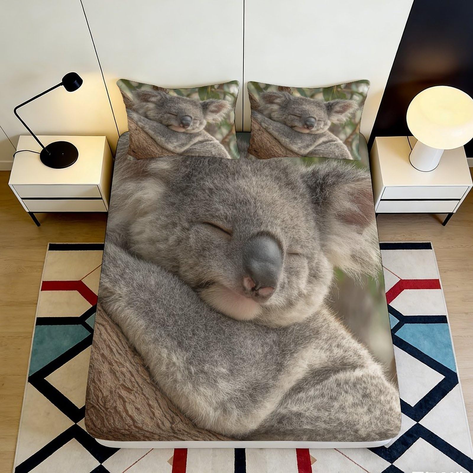 3D Printed Koala Sleeping Fitted Sheet Microfiber Soft Breathable Animal Hug Mattress Cover for Bedroom Dorm Decor 90x200x25cm