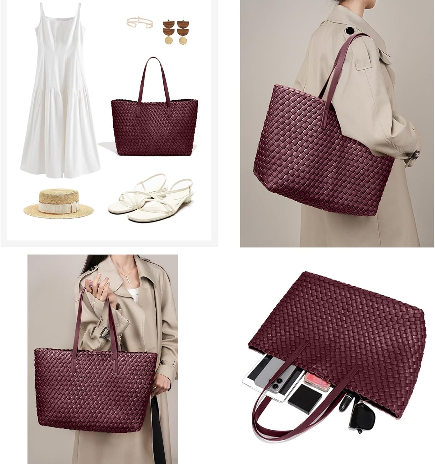 Large Capacity Shoulder Handbag Woven Leather Tote Bag with Matching Pouch Travel Lightweight