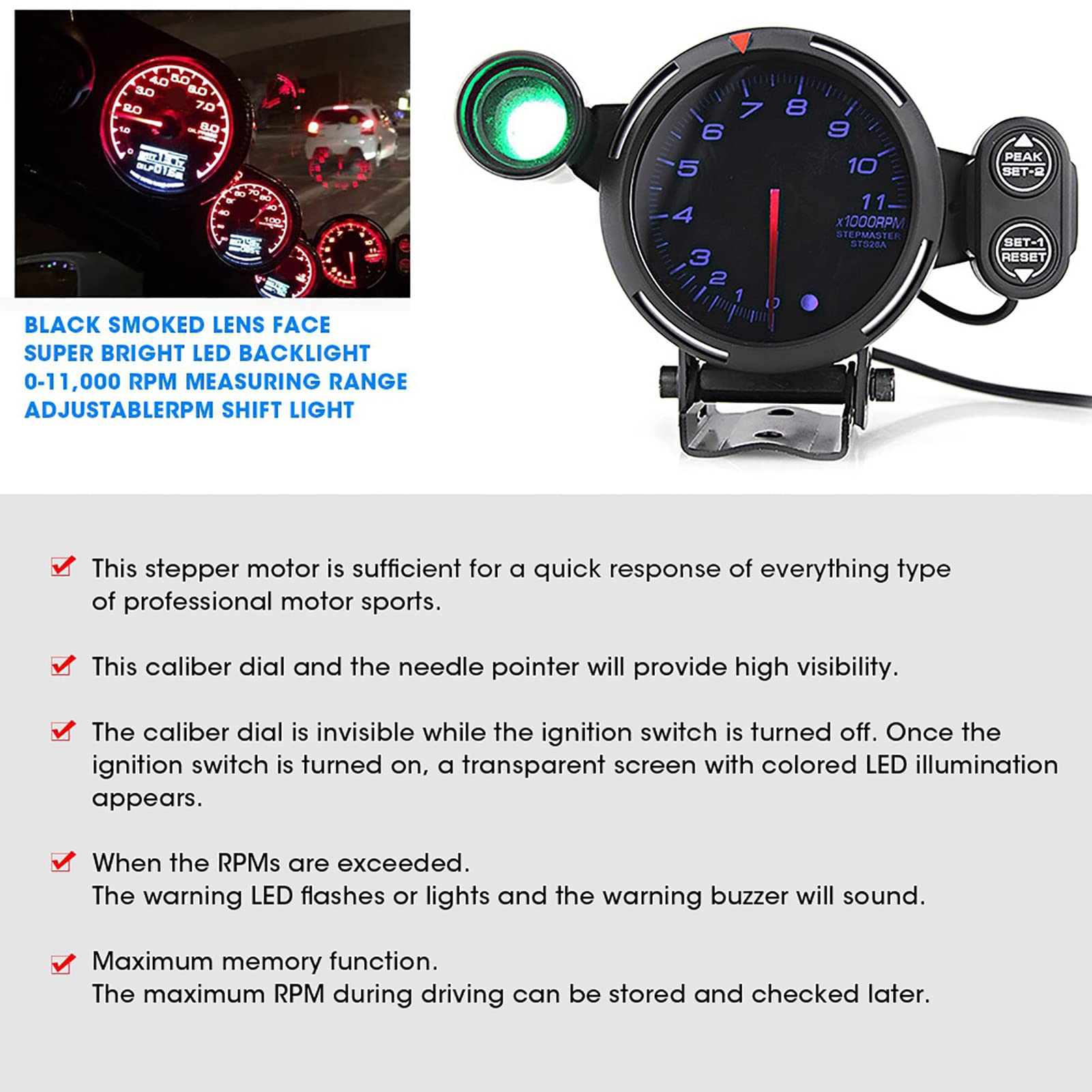 Obrotomierz HaloVerde LED 12V 11000 obr/min Wskaźnik do automatycznej modyfikacji z brzęczykiem ostrzegawczym i funkcją maksymalnej pamięci (Niebieskie światło)