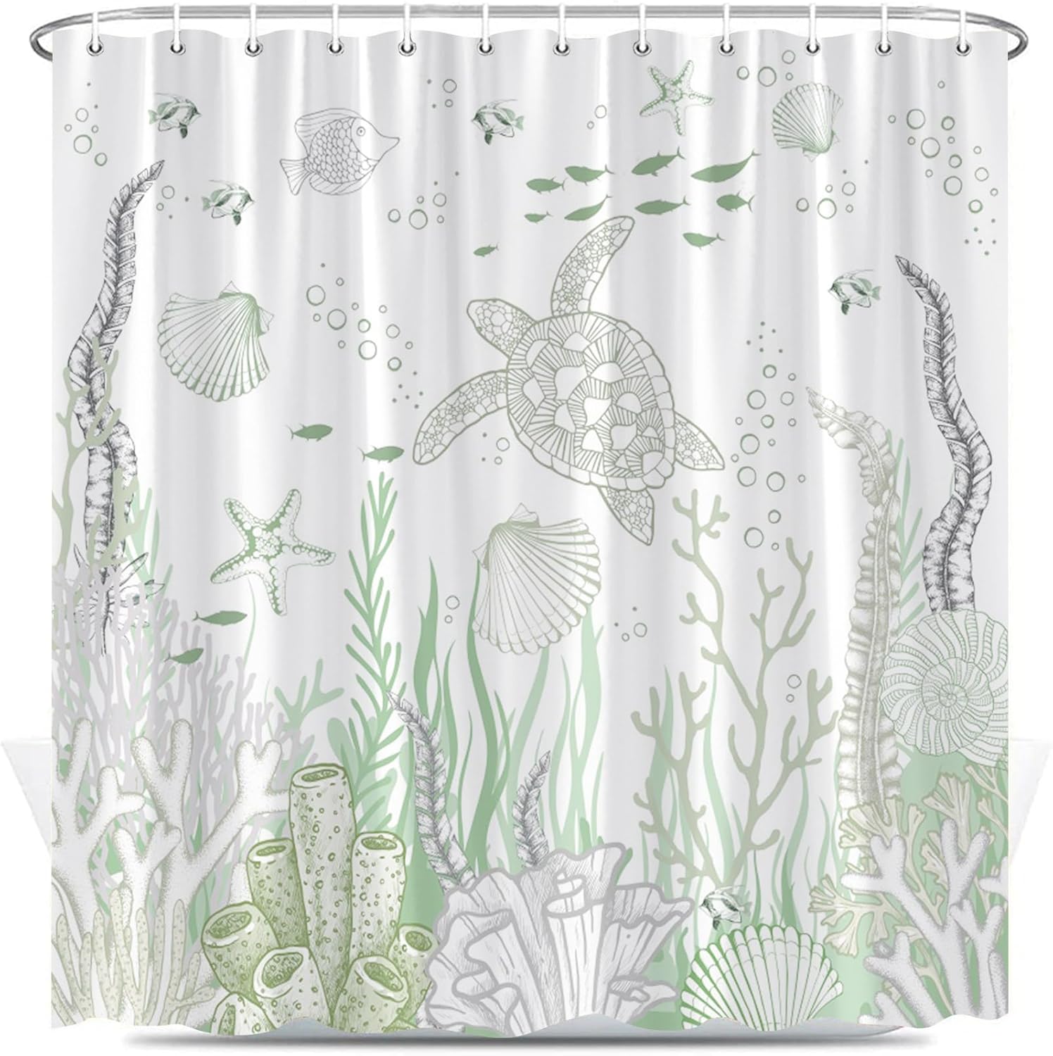 Nautical Coastal Turtle Shower Curtain Grey Coral Starfish Seashell Beach Ocean Bath Curtains Underwater Tropical Fish Bathroom Decor with Hooks 70X84 Inch, YL5844AM-180X213CM