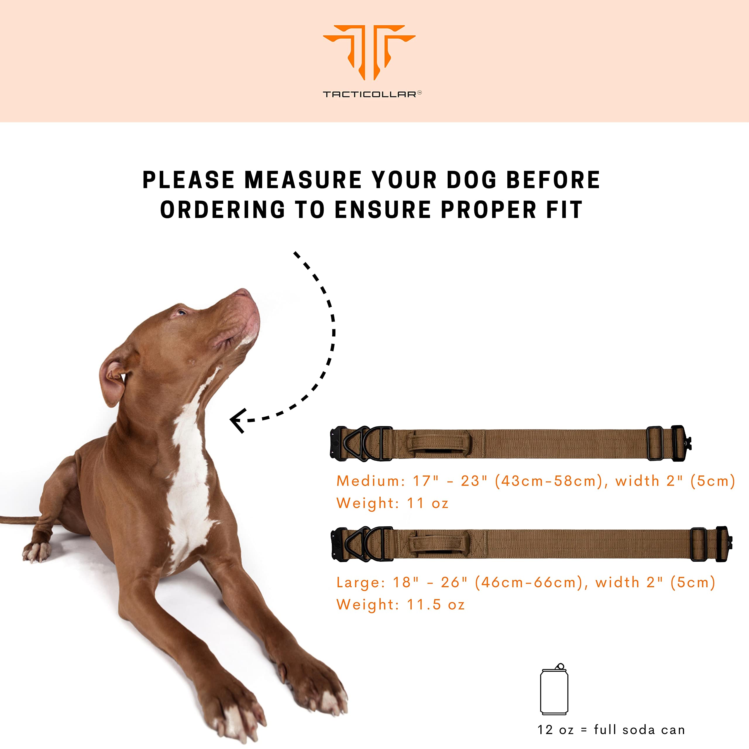 Tacticollar - Collar táctico para perro de 2 pulgadas con asa para perros medianos y grandes, collar de nailon Mil Spec, hebilla de metal de liberación rápida, interior acolchado de neopreno (mediano,
