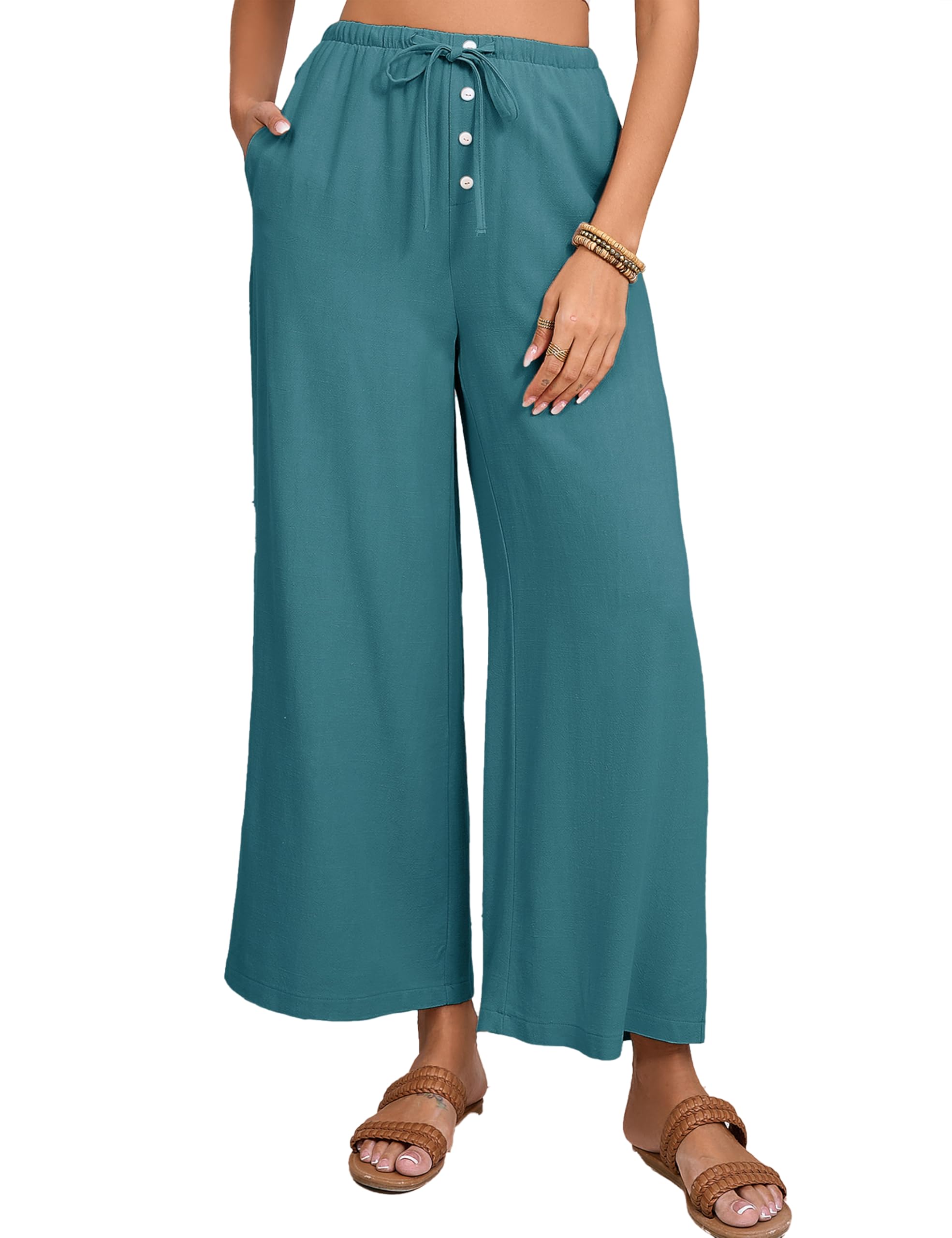 Fiona Jolin Womens Cotton Linen Pants Summer Casual Beach Pants Drawstring Flowy Wide Leg Palazzo Trousers with Pockets