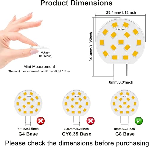 Miniatura 3 de Bombillas LED G8, 3 W equivalentes a bombilla halógena de 20 W-25 W, base bi-pin tipo T4 JCD, 120 V blanco cálido 3000K G8 bombillas para debajo del