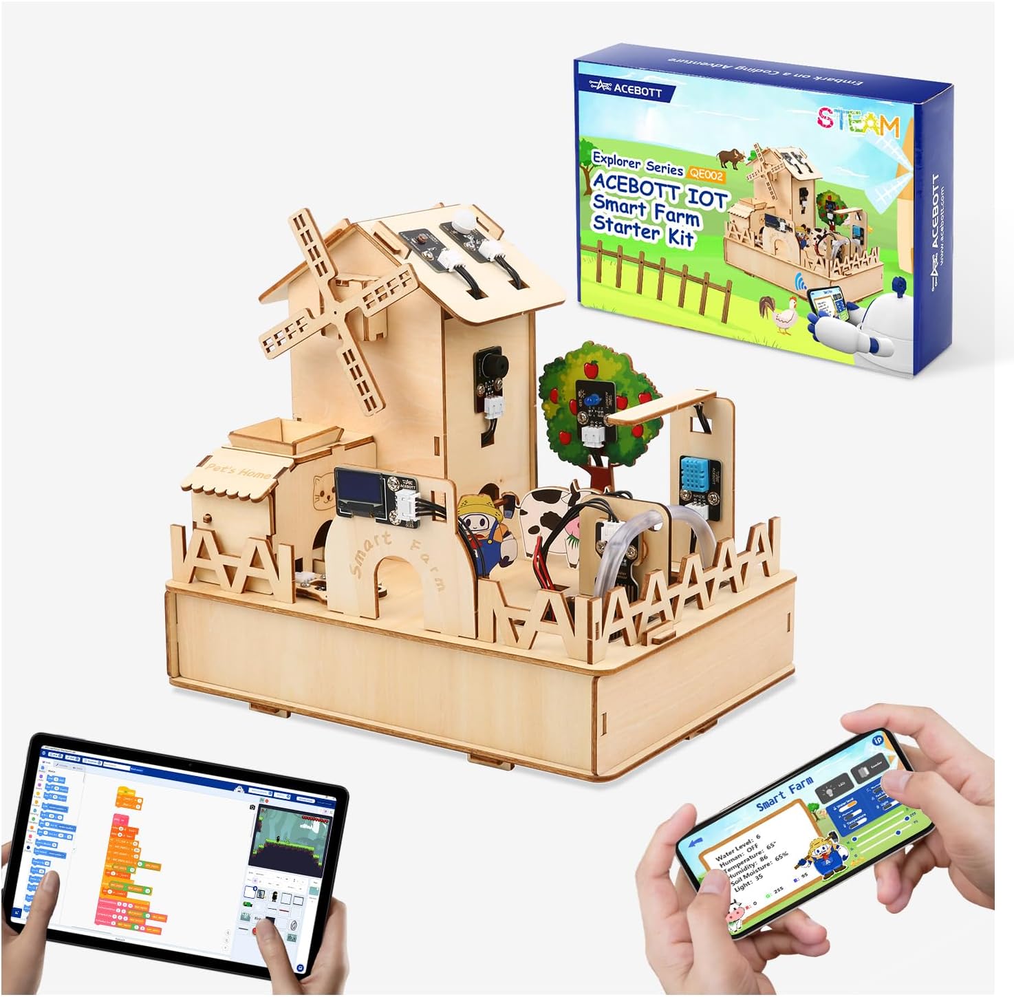 Science Kits for Kids Age 12+, ACEBOTT ESP32 Smart Farm STEM Kit Compatible with Arduino & Scratch, Build IoT Greenhouse, Automatic Watering & Pet Feeder, DIY Coding Project Gift for Teens & Adults