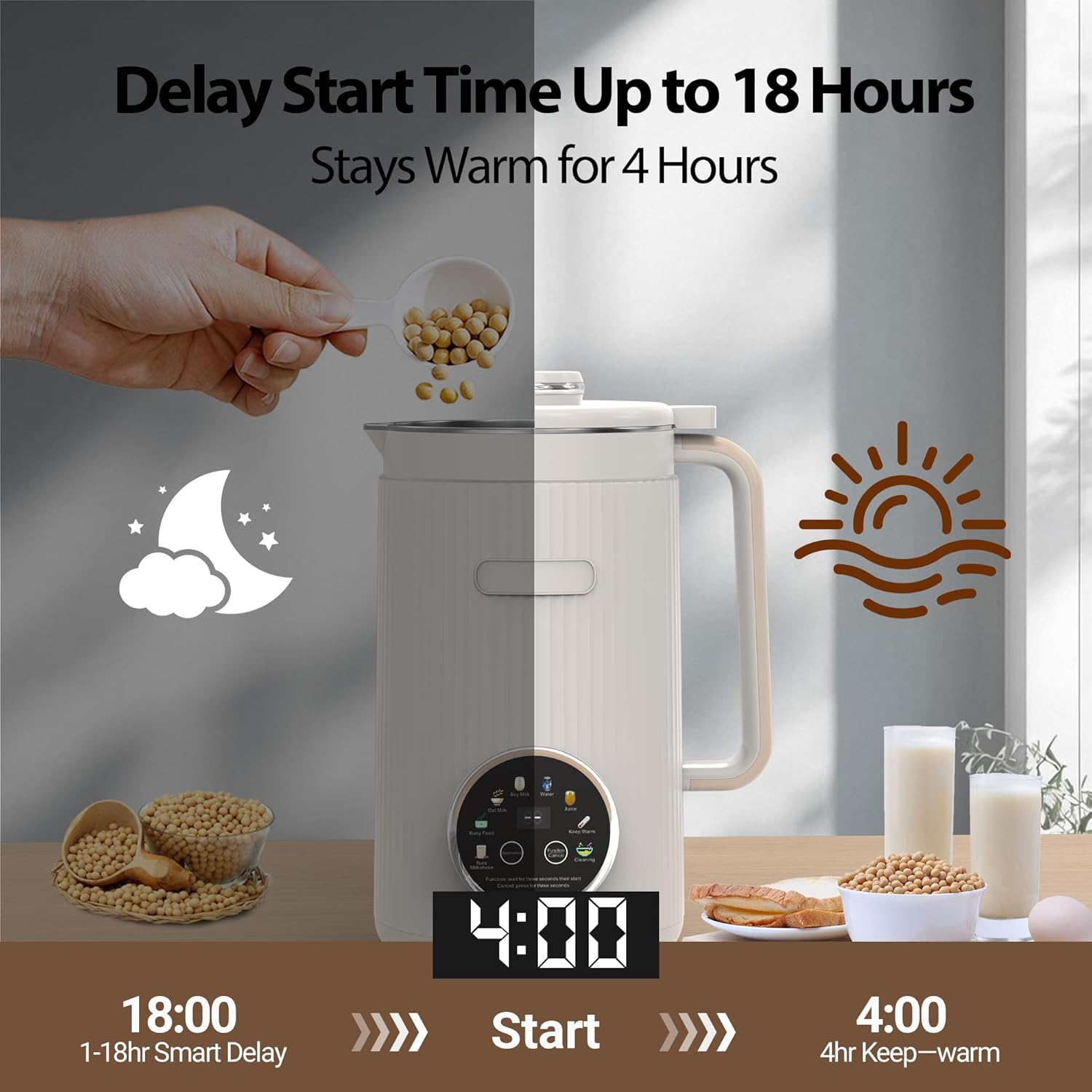 Nut Milk Maker Machine - 8 in 1 Soy Milk Maker Machine 35oz with Self-Cleaning, 18H Delay Start & 4H Keep Warm, Automatic Plant-Based Milk Blender for Almond, Oat, Coconut, Soybean - White