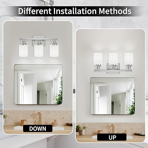 Miniatura 5 de Lámparas de baño de 3 luces, luz de tocador de níquel, modernas luces de pared de baño sobre espejo, apliques de pared de granja para dormitorio y