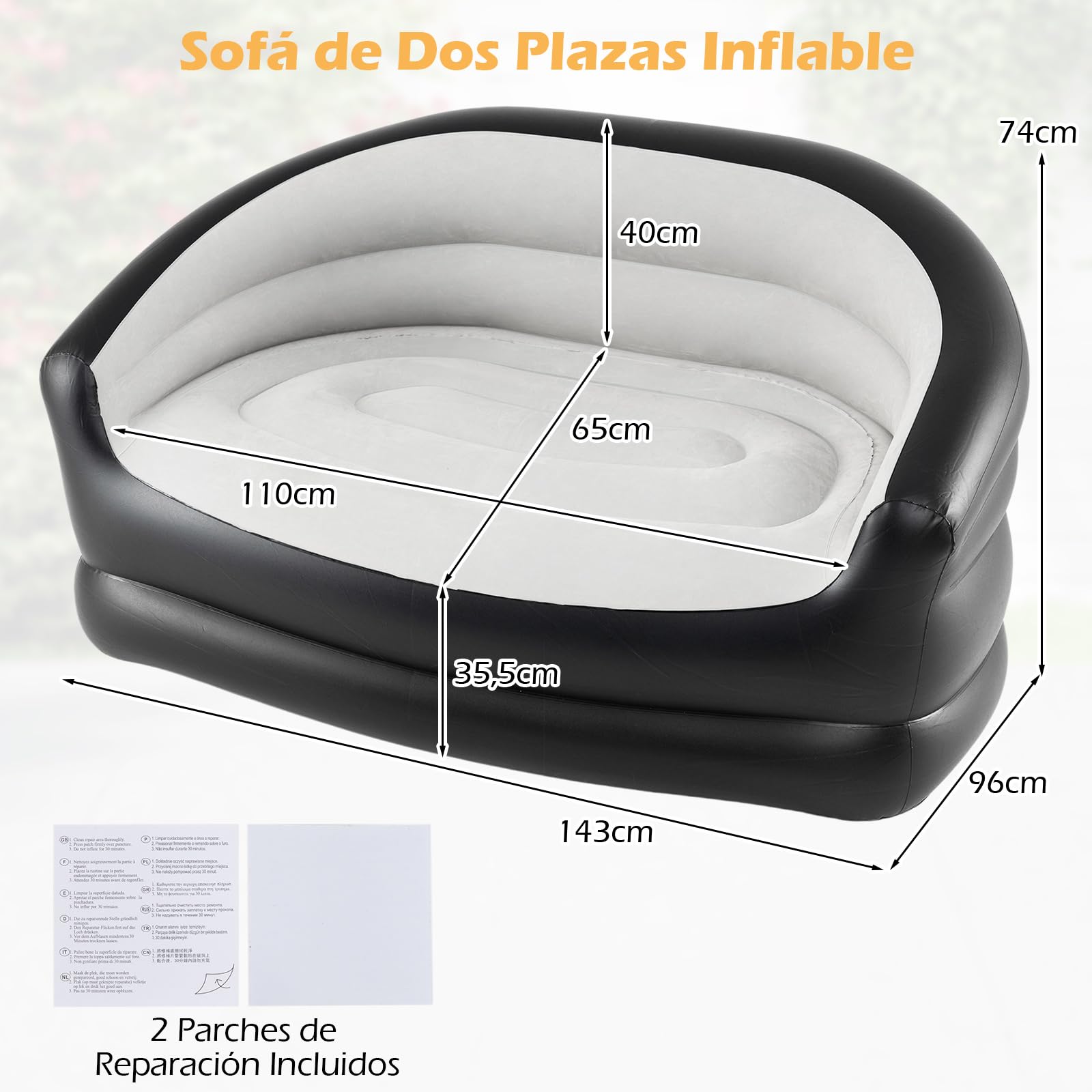 COSTWAY Sofá Inflable para 2 Personas, Sofá Hinchable Doble Portátil y Plegable con Superficie Flocada, Reposabrazos, Sillón Inflable para Exterior, Interior, Camping, Viajes, Sin Bomba