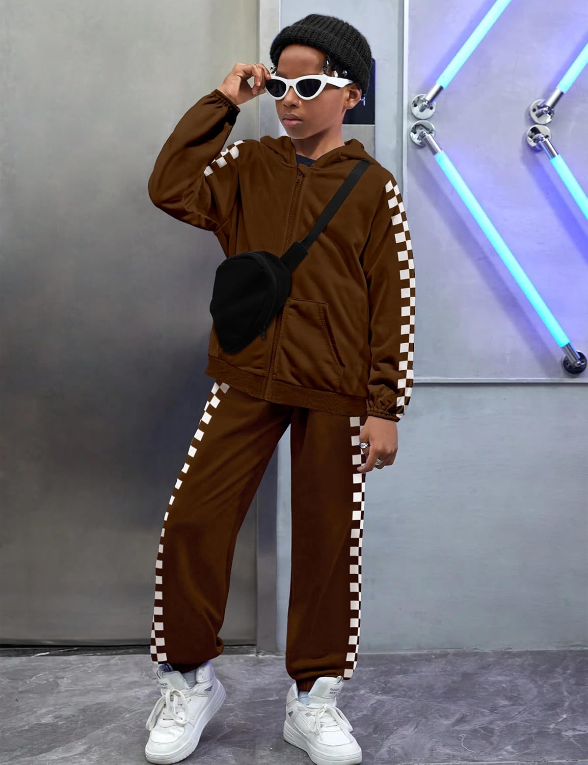 Unisex Boys Girls Clothes Plaid 2 Piece Outfits Athletic Tracksuit Hooded Sweatshirt and Sweatpants Kids Sweatsuits