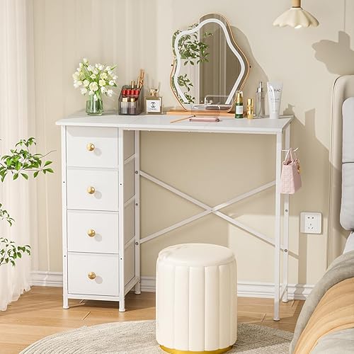 Miniatura 5 de Tocador sin espejo, pequeño tocador de maquillaje con 4 cajones de tela, mesa de vestir blanca para espacios pequeños, mesa de maquillaje para niñas