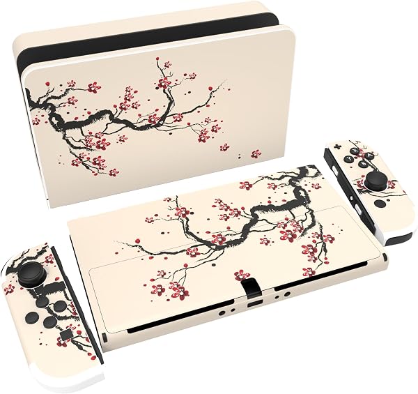 PlayVital Skin Sticker für Nintendo Switch OLED Modell,Aufkleber Sticker Decal Folie Abziehbild Faceplates Klebefolie für Switch OLED Konsole&Joy Con&Dock&Grip(Pflaumenblüte) - 1